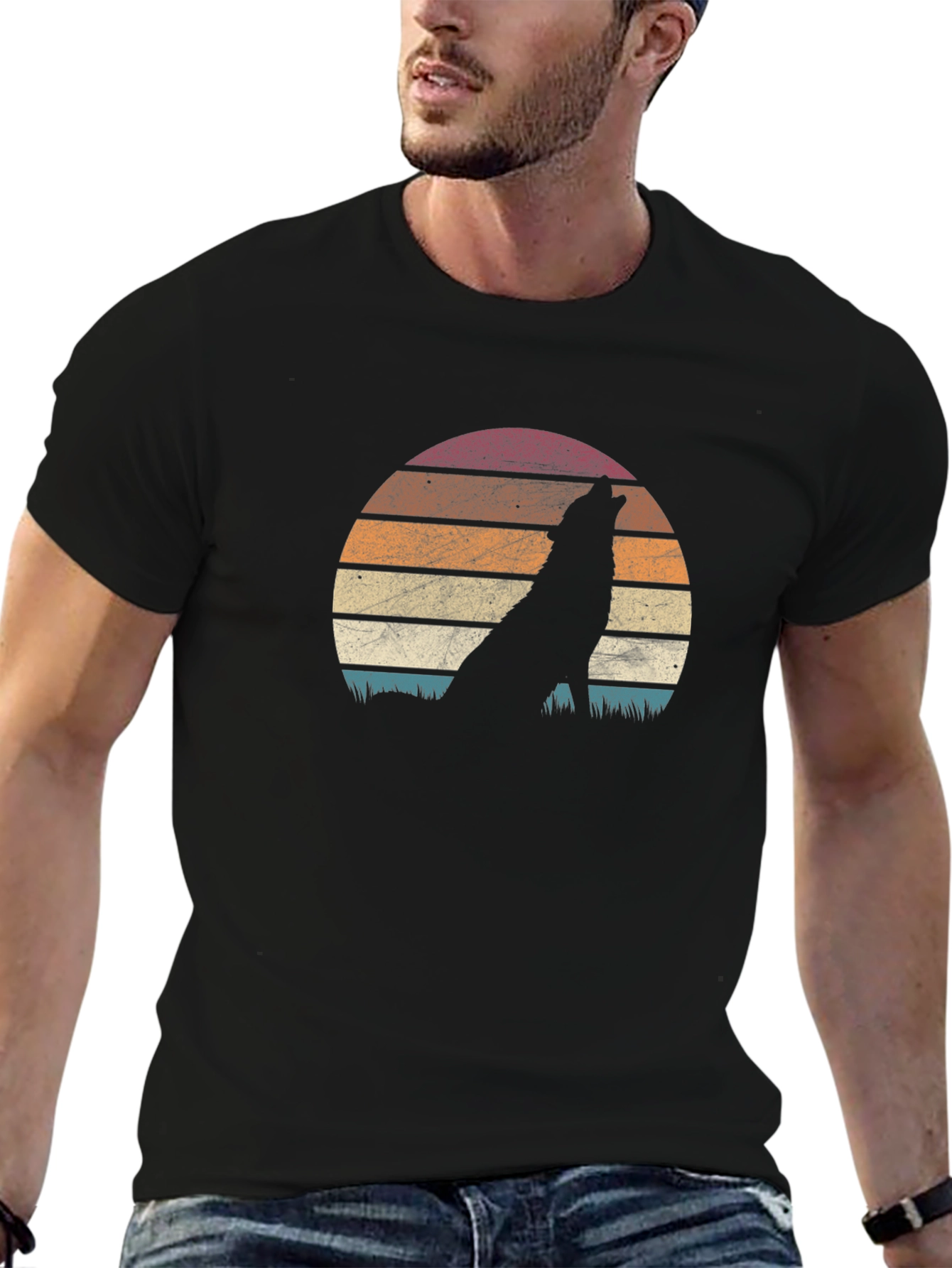 Retro Wolf Sunset Graphic T-Shirt - Black