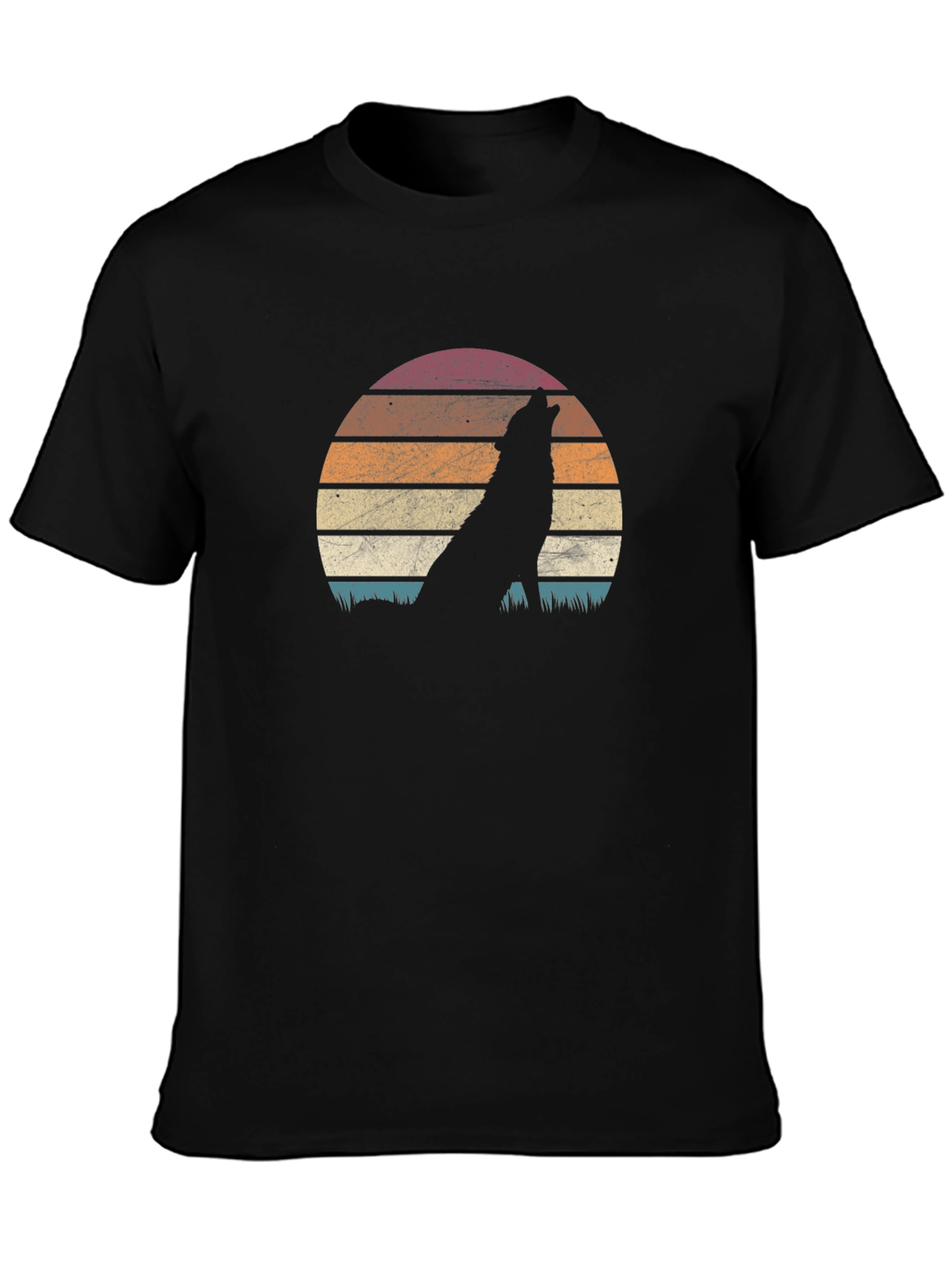 Retro Wolf Sunset Graphic T-Shirt - Black