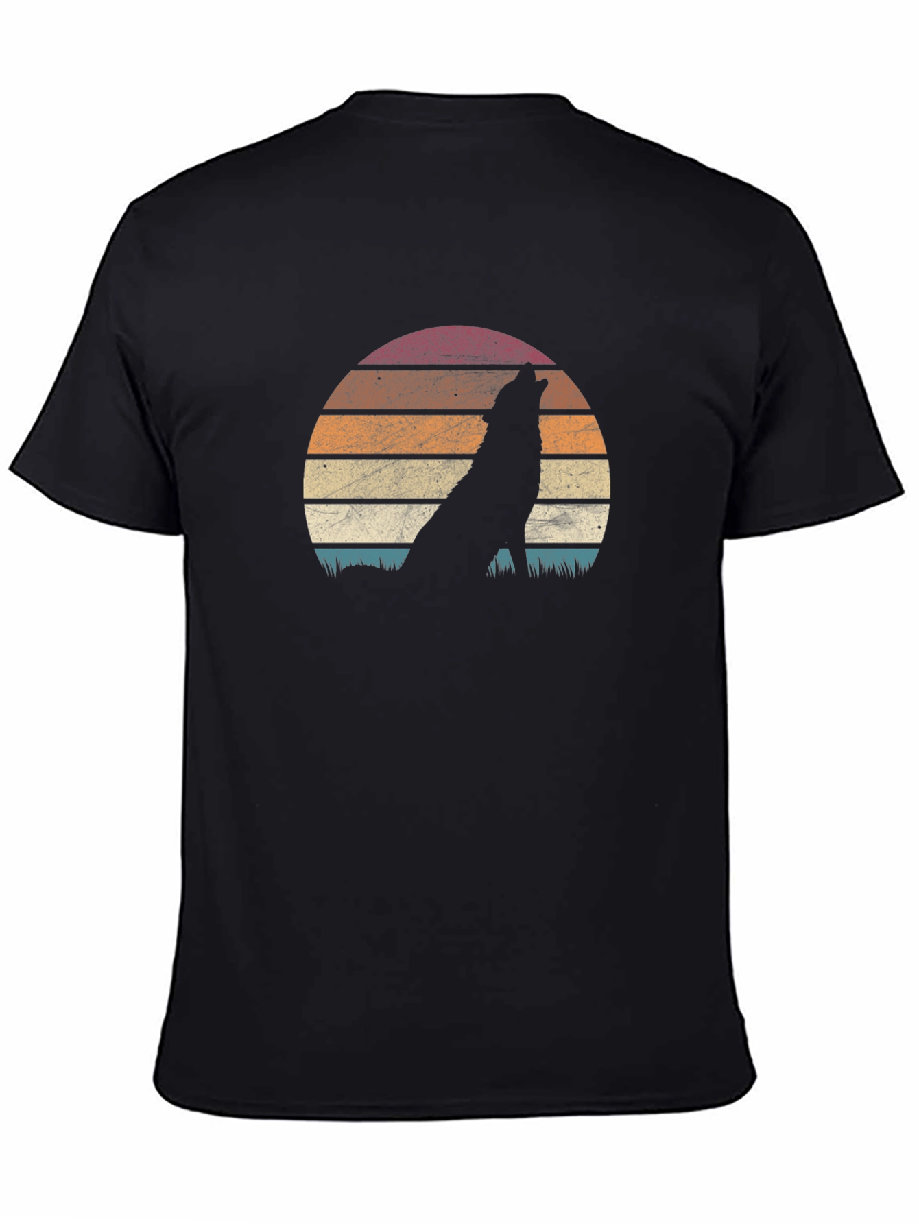 Retro Wolf Sunset Graphic T-Shirt - Black