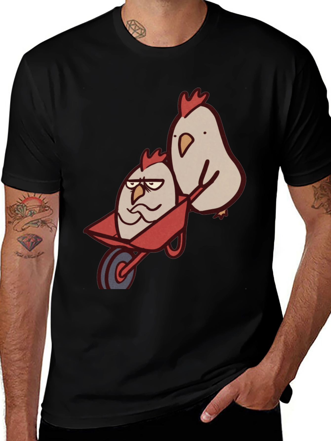 Funny Chicken Wheelbarrow Black T-Shirt