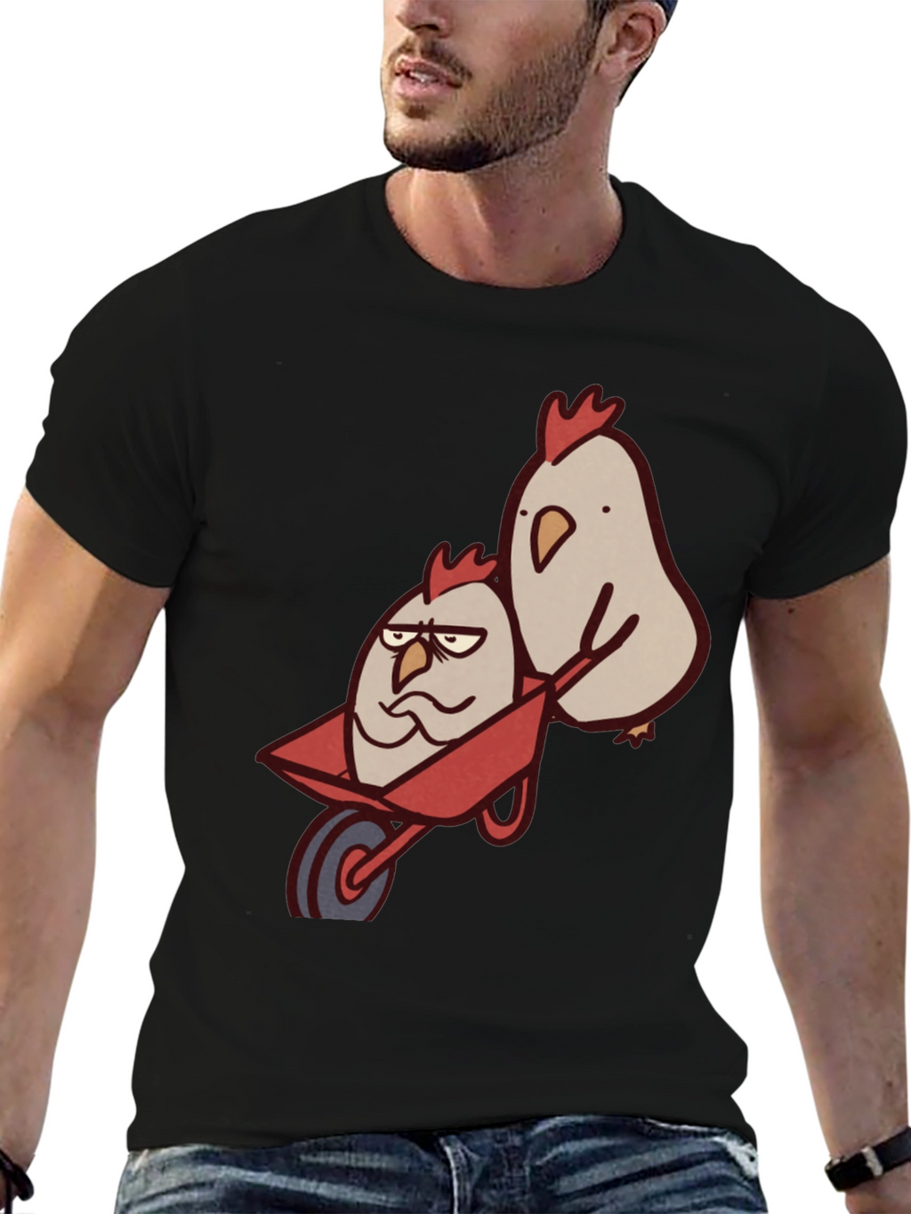 Funny Chicken Wheelbarrow Black T-Shirt