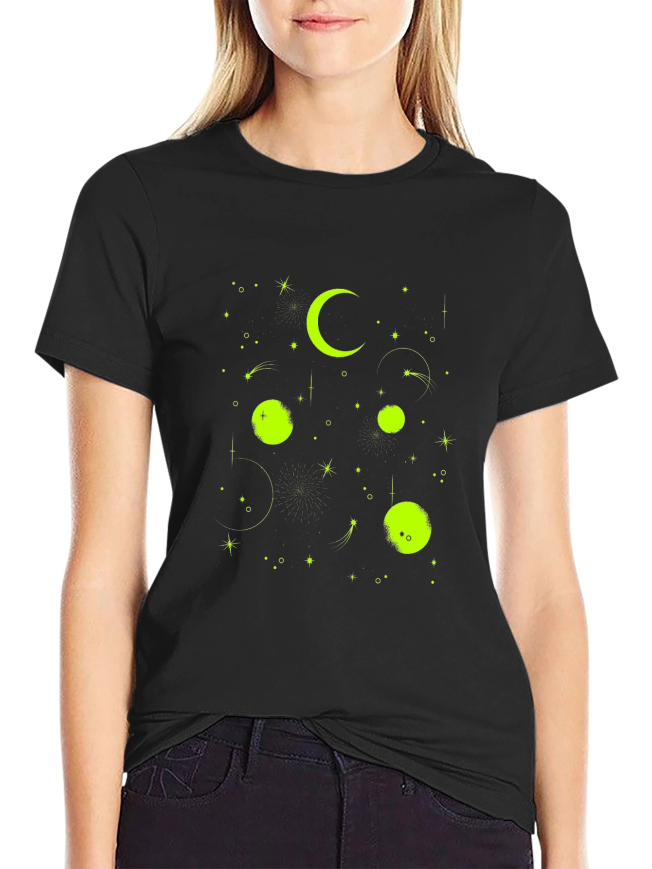 Celestial Moon & Stars Graphic Tee - Black