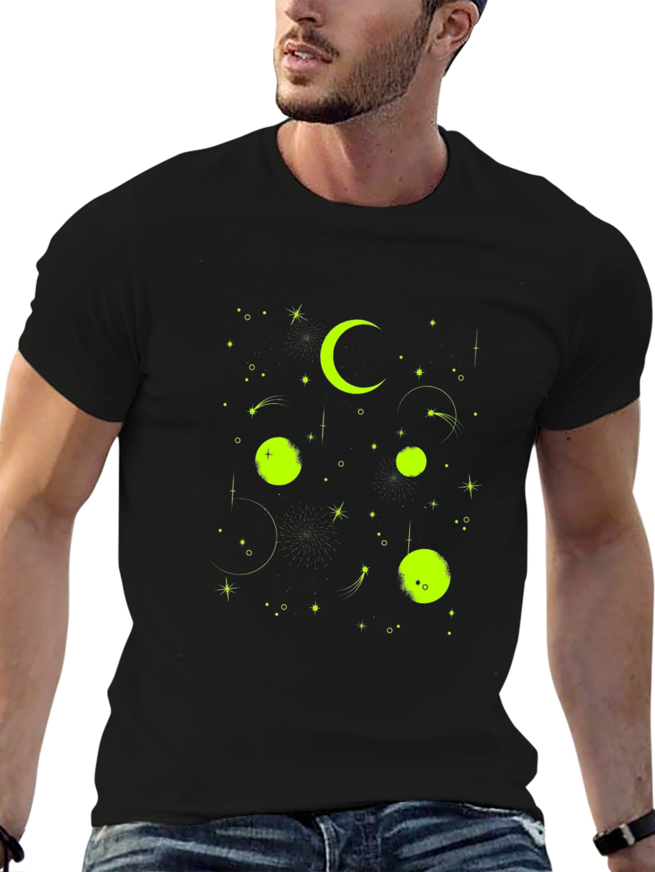 Celestial Moon & Stars Graphic Tee - Black