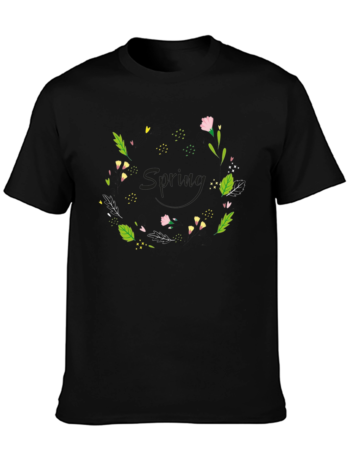 Spring Floral Wreath Graphic Tee - Black Cotton T-Shirt