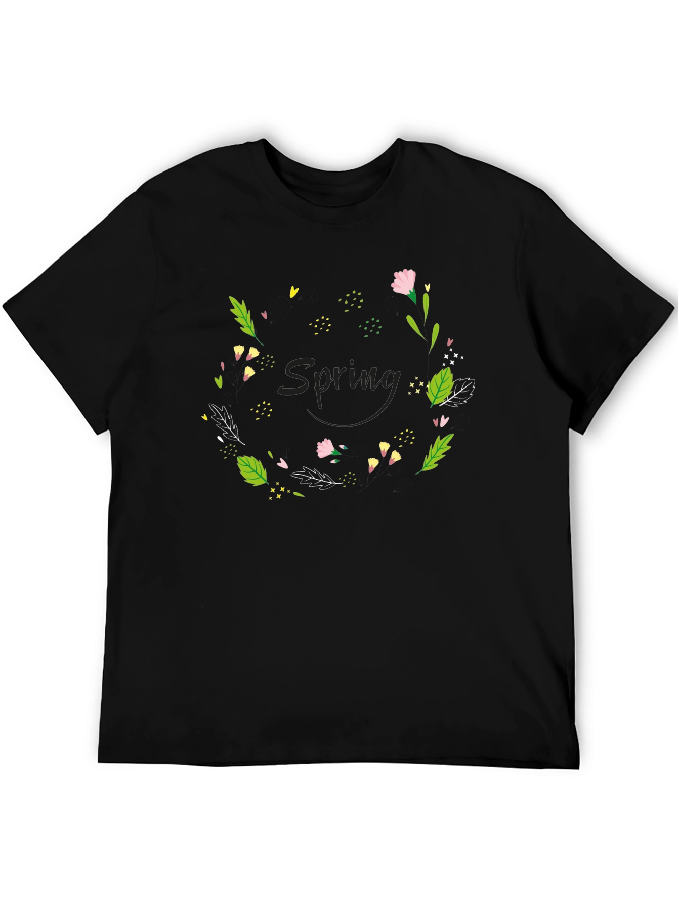 Spring Floral Wreath Graphic Tee - Black Cotton T-Shirt