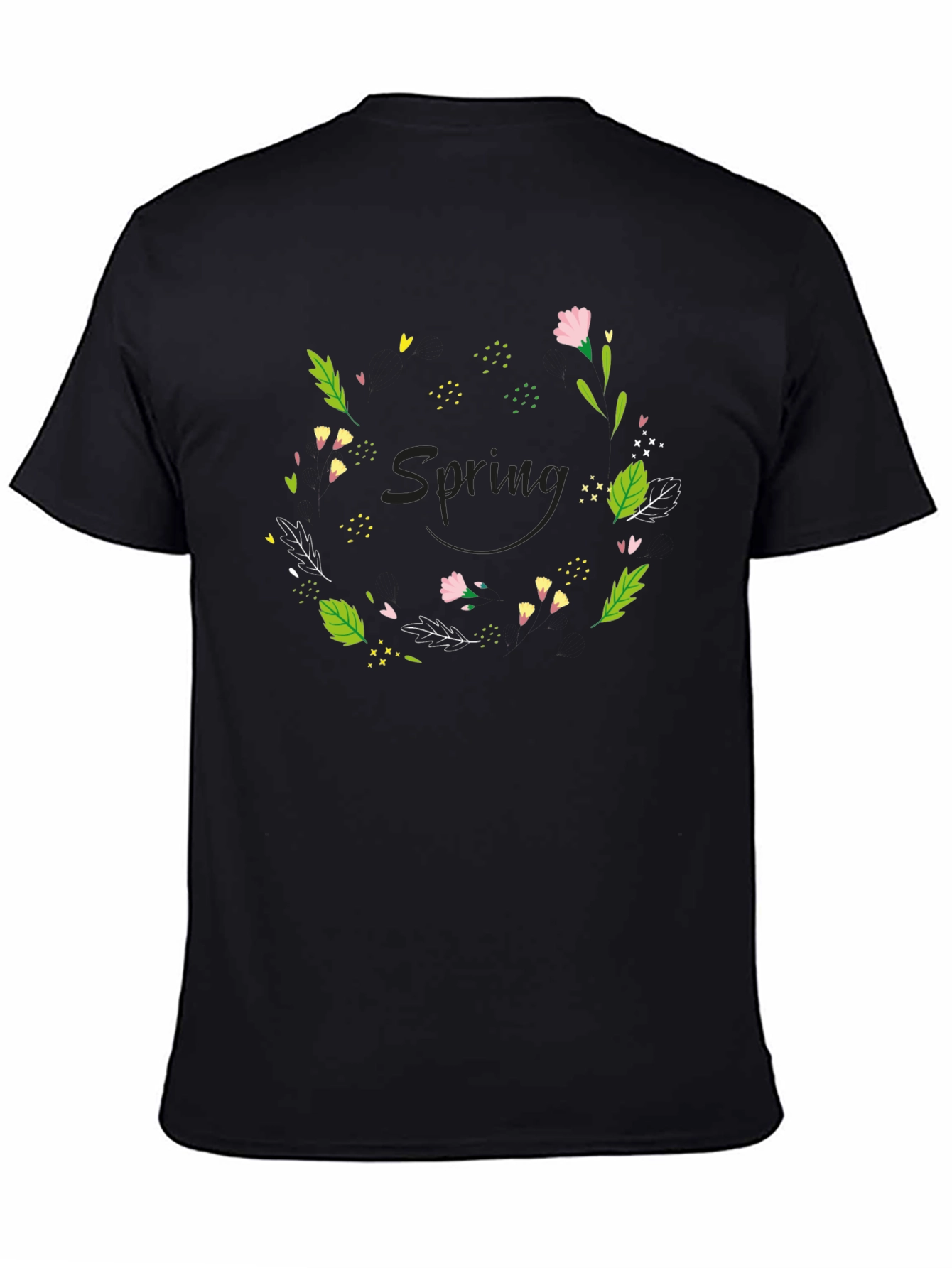 Spring Floral Wreath Graphic Tee - Black Cotton T-Shirt