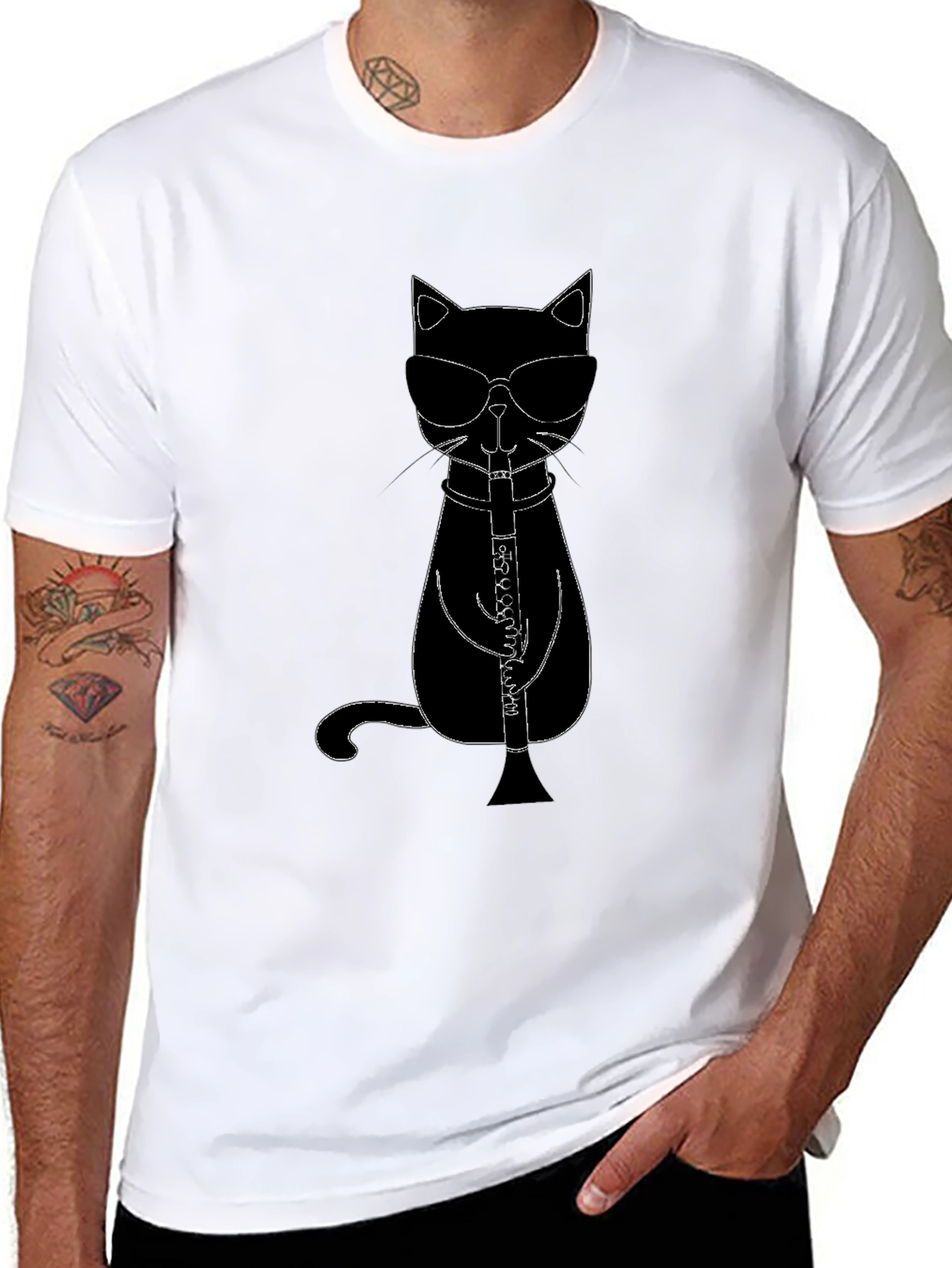 Cool Cat Clarinet Player Black T-Shirt