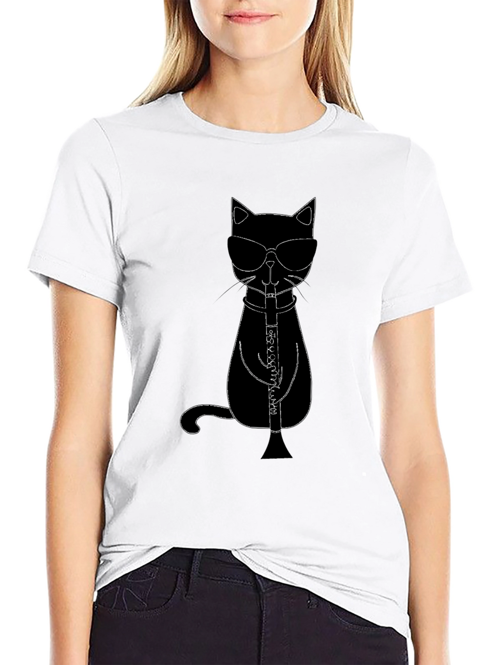 Cool Cat Clarinet Player Black T-Shirt