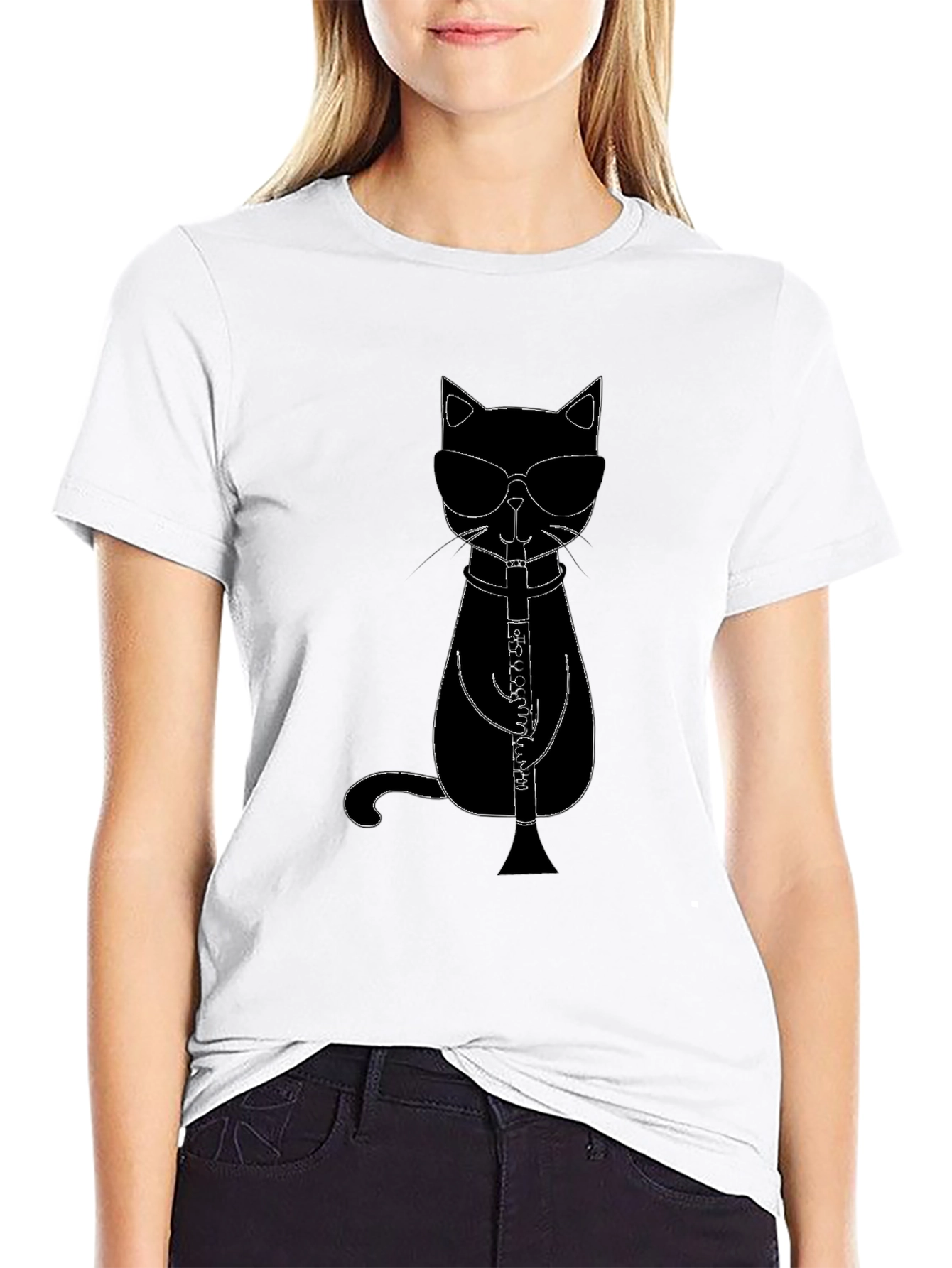 Cool Cat Clarinet Player Black T-Shirt