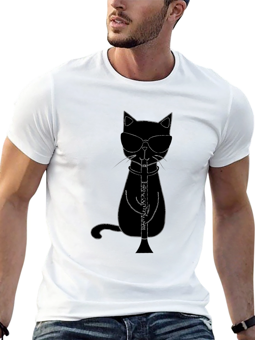 Cool Cat Clarinet Player Black T-Shirt