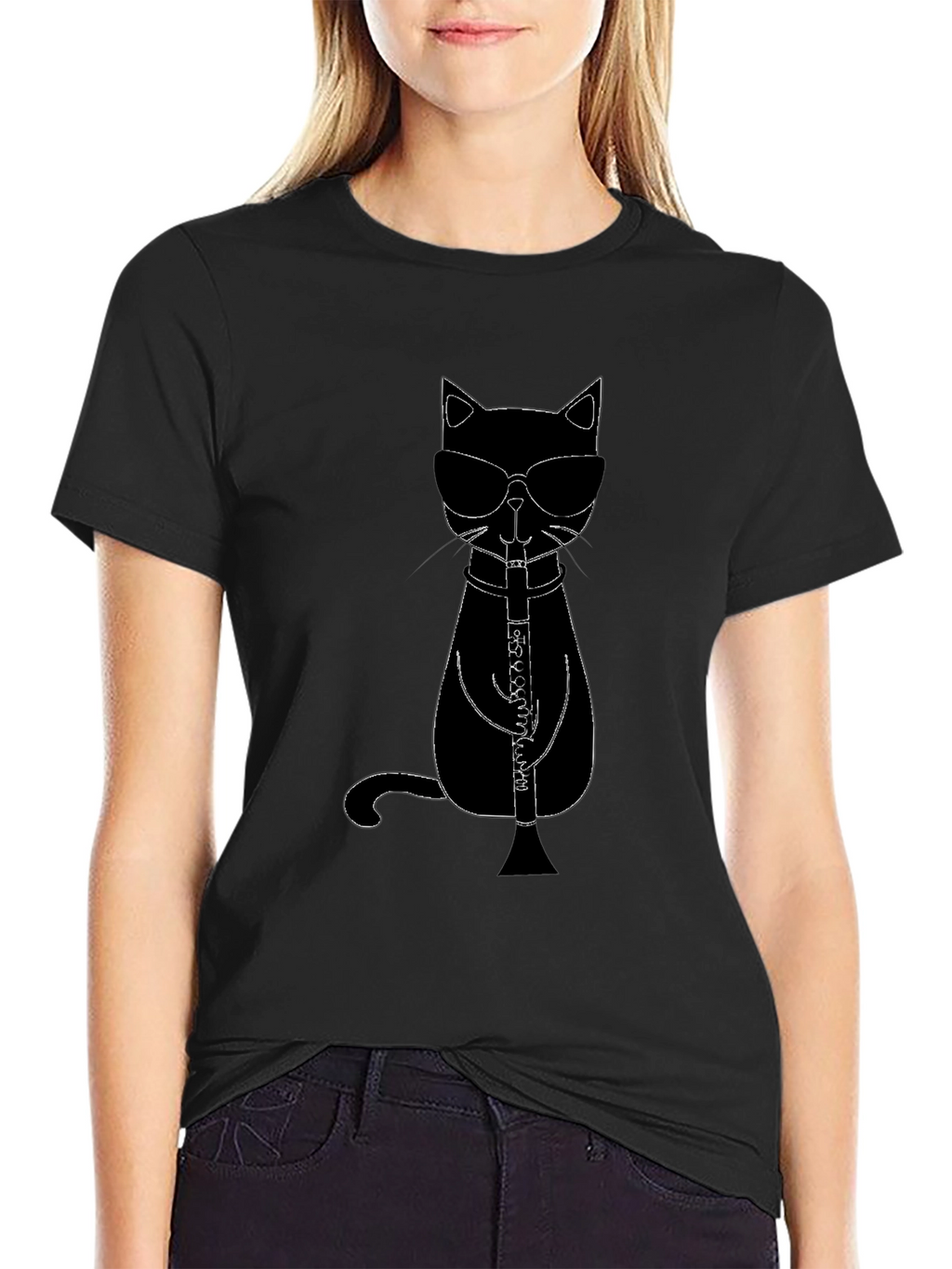 Cool Cat Clarinet Player Black T-Shirt