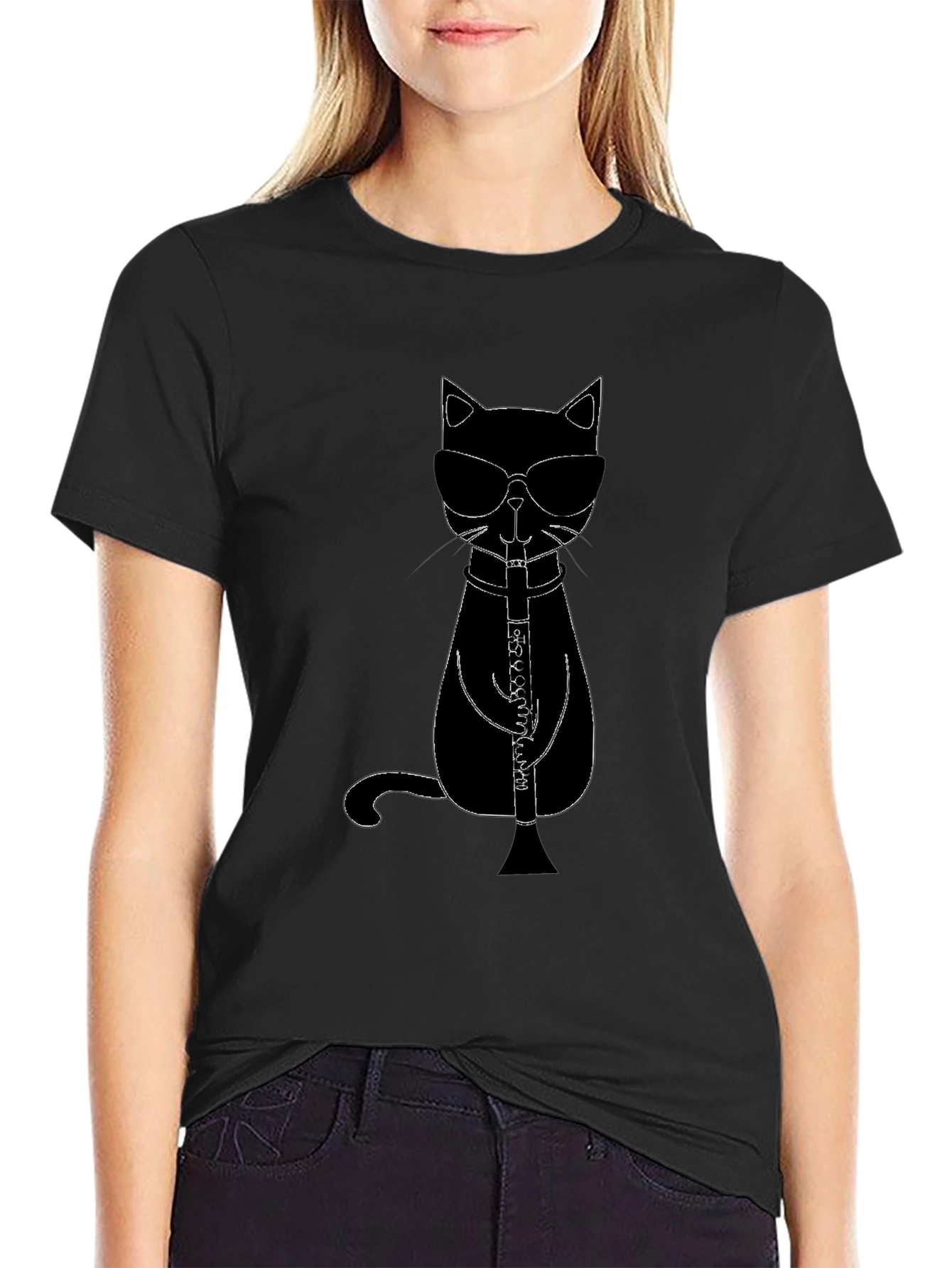 Cool Cat Clarinet Player Black T-Shirt
