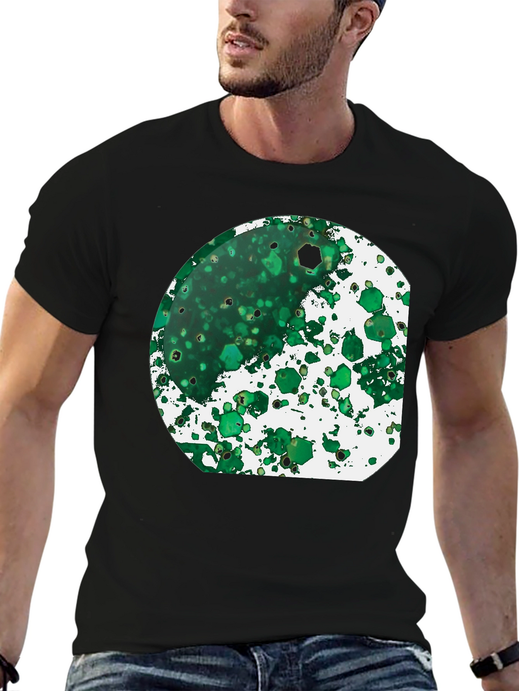 Green Abstract Art Print Black T-Shirt