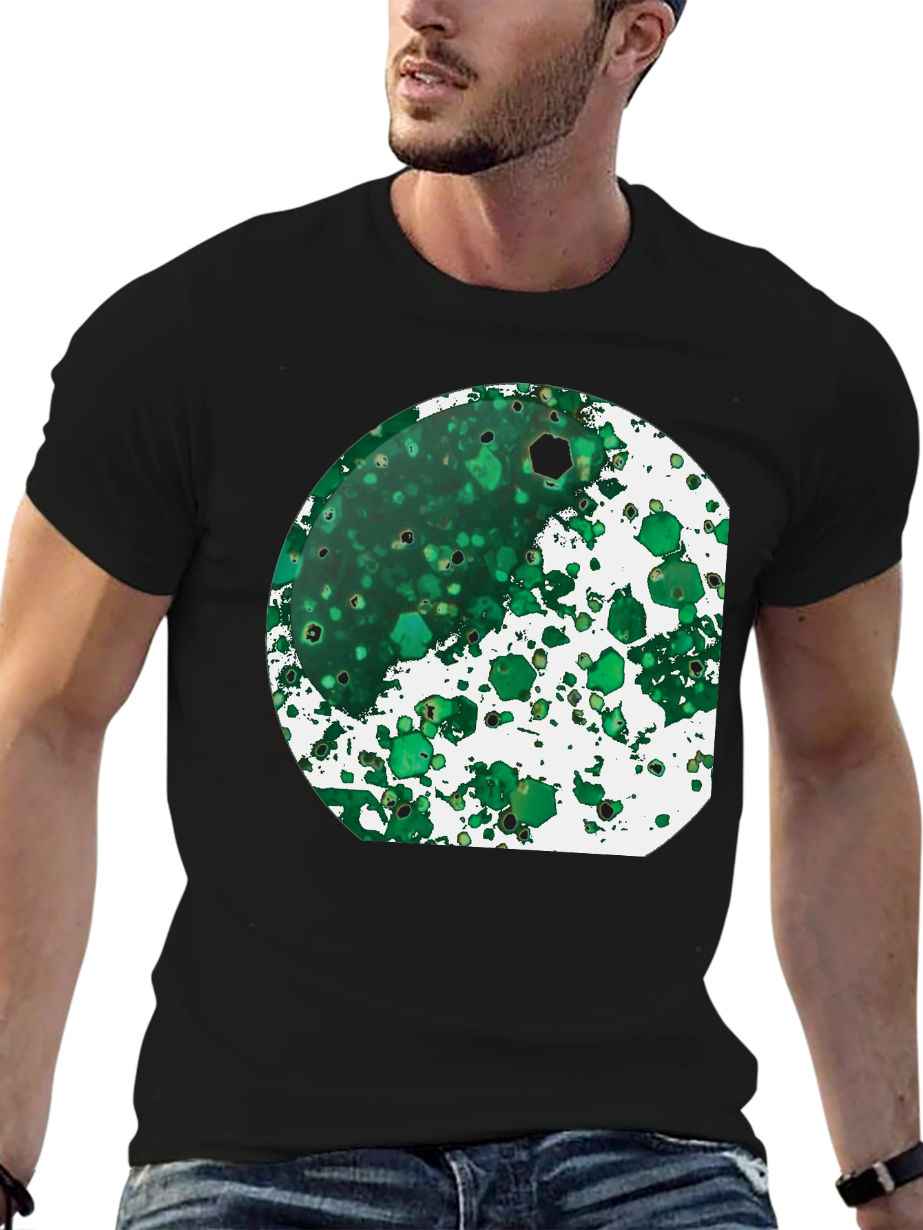 Green Abstract Art Print Black T-Shirt