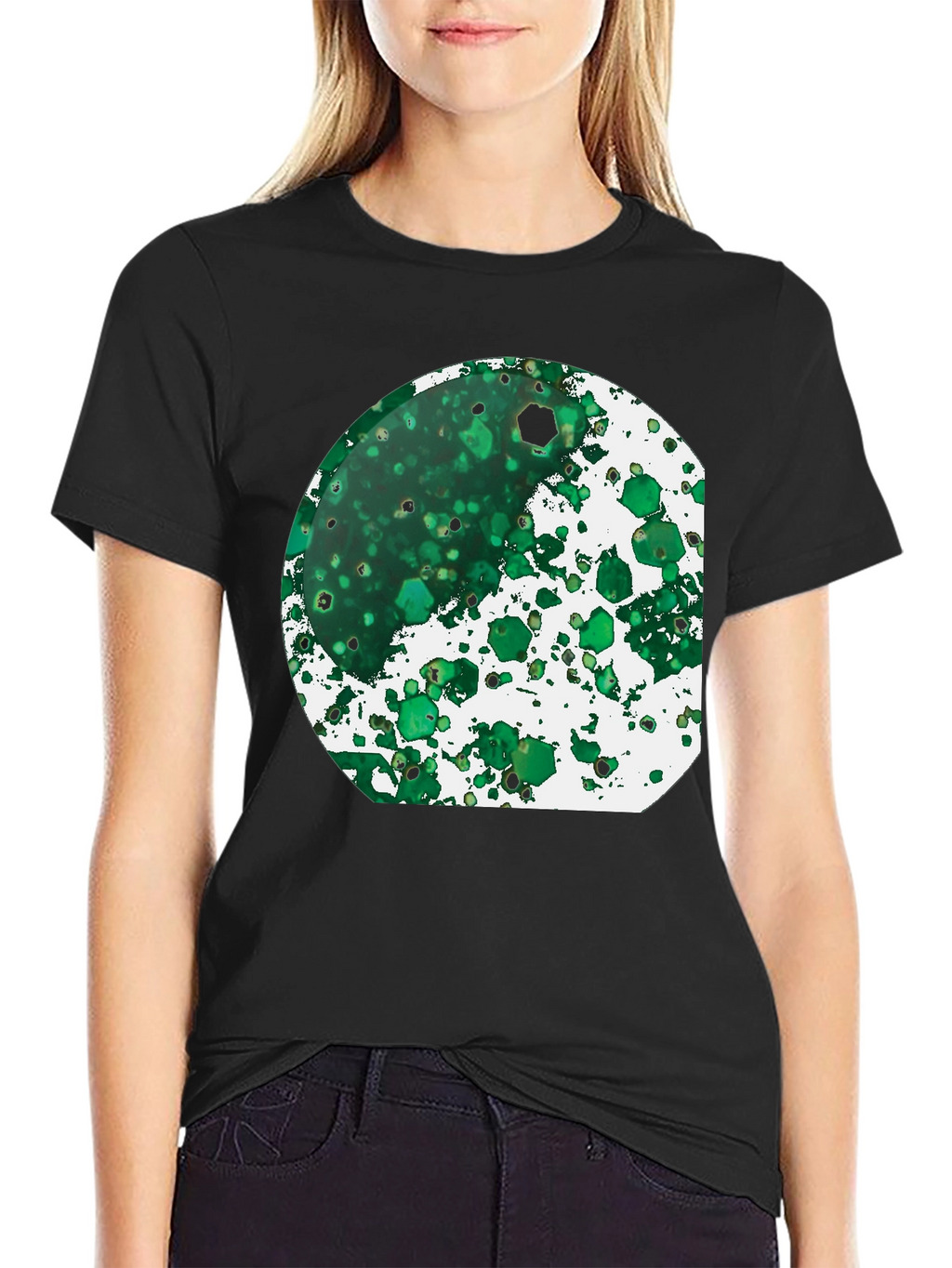 Green Abstract Art Print Black T-Shirt