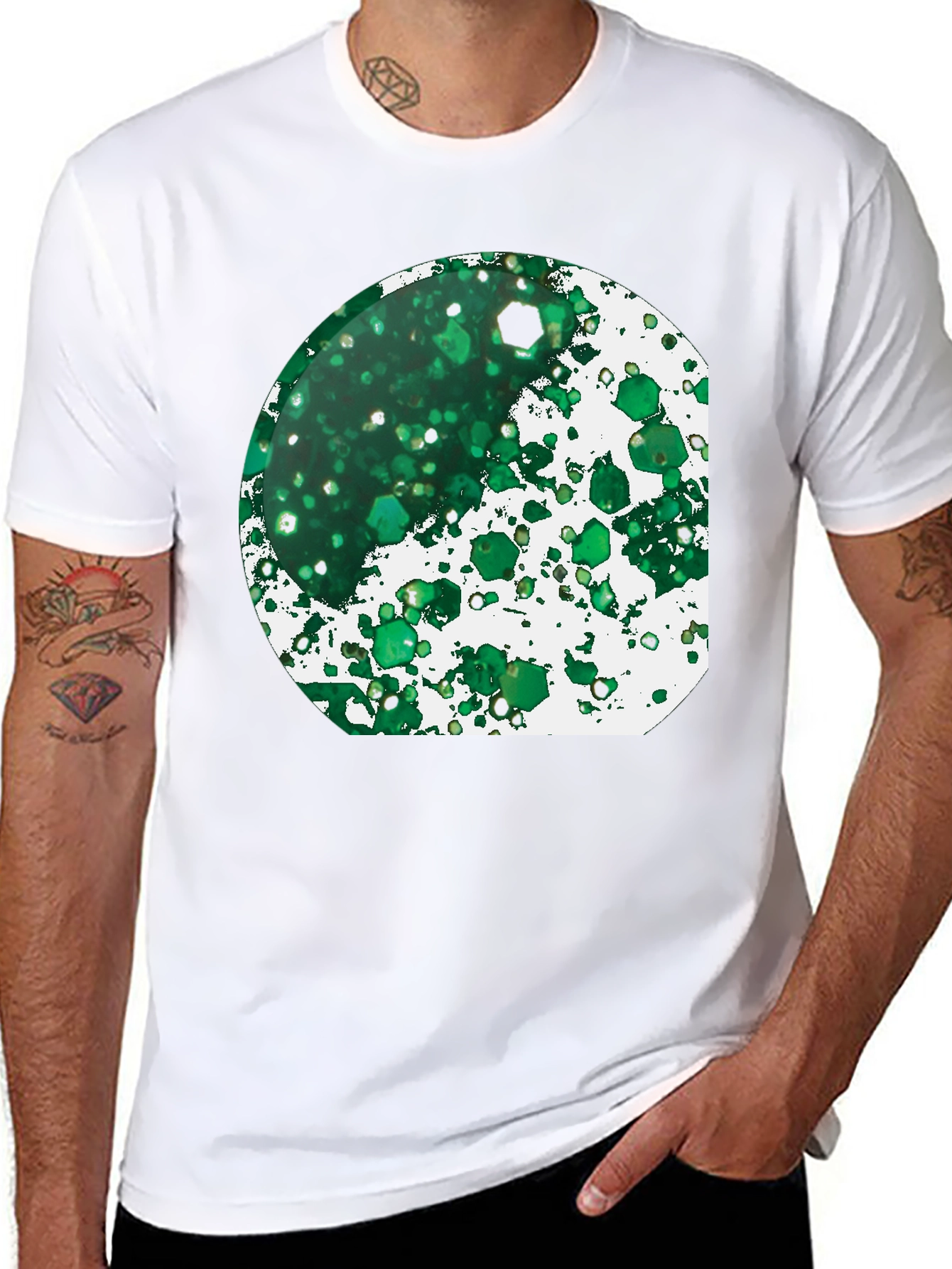 Green Abstract Art Print Black T-Shirt
