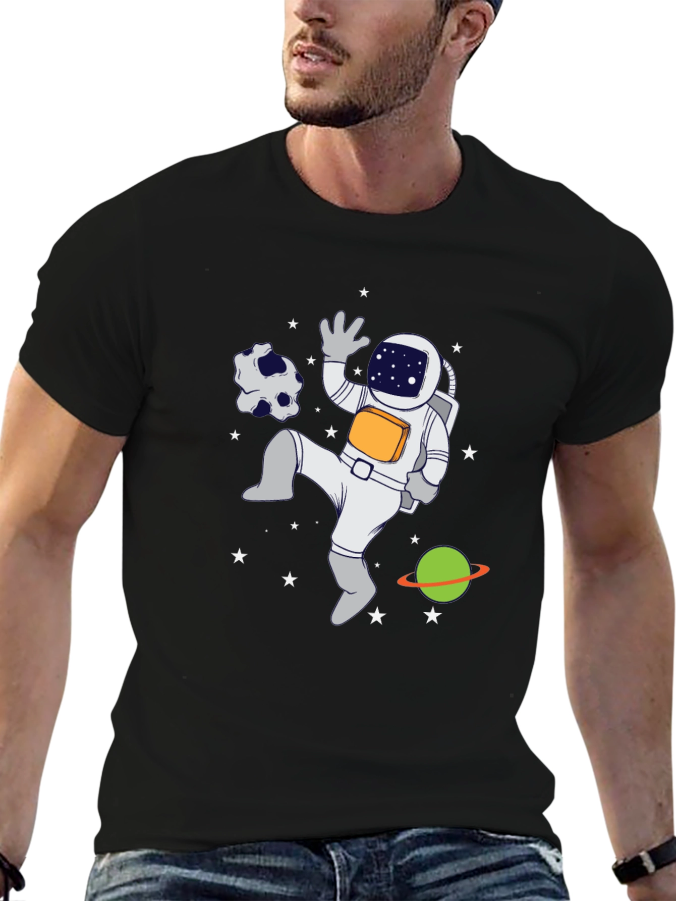Astronaut in Space Graphic T-Shirt - Black Crew Neck