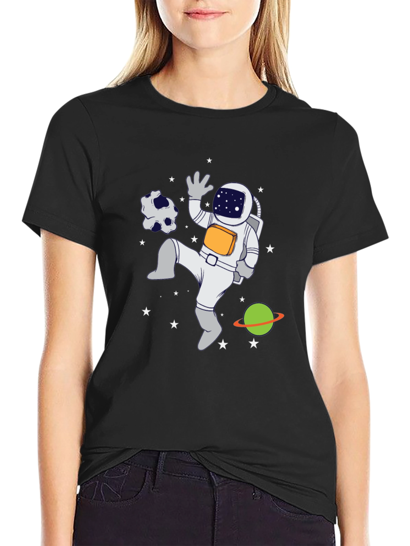 Astronaut in Space Graphic T-Shirt - Black Crew Neck