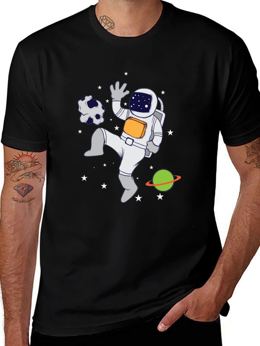 Astronaut in Space Graphic T-Shirt - Black Crew Neck