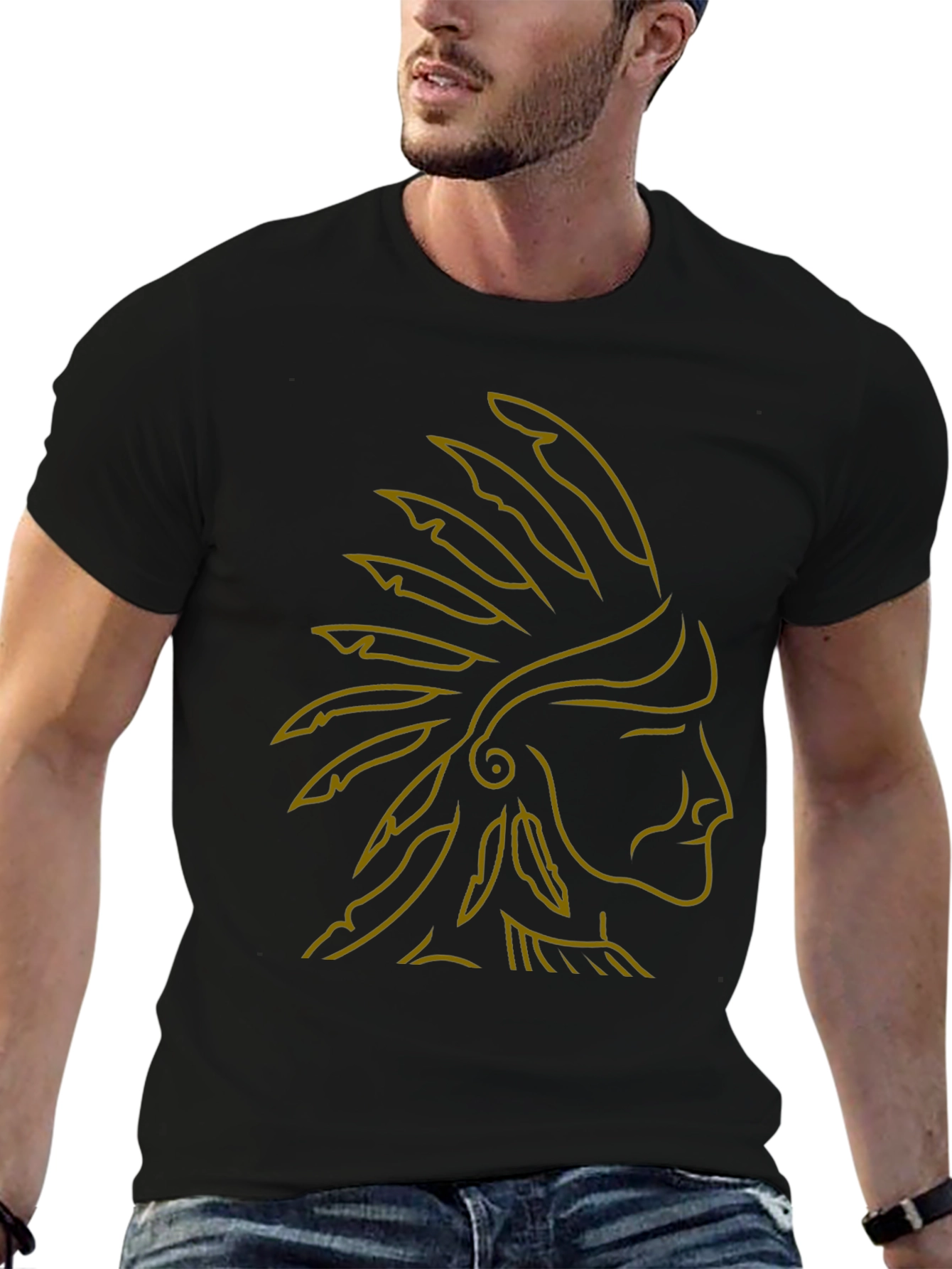 Native American Chief Headdress Graphic Tee - Black