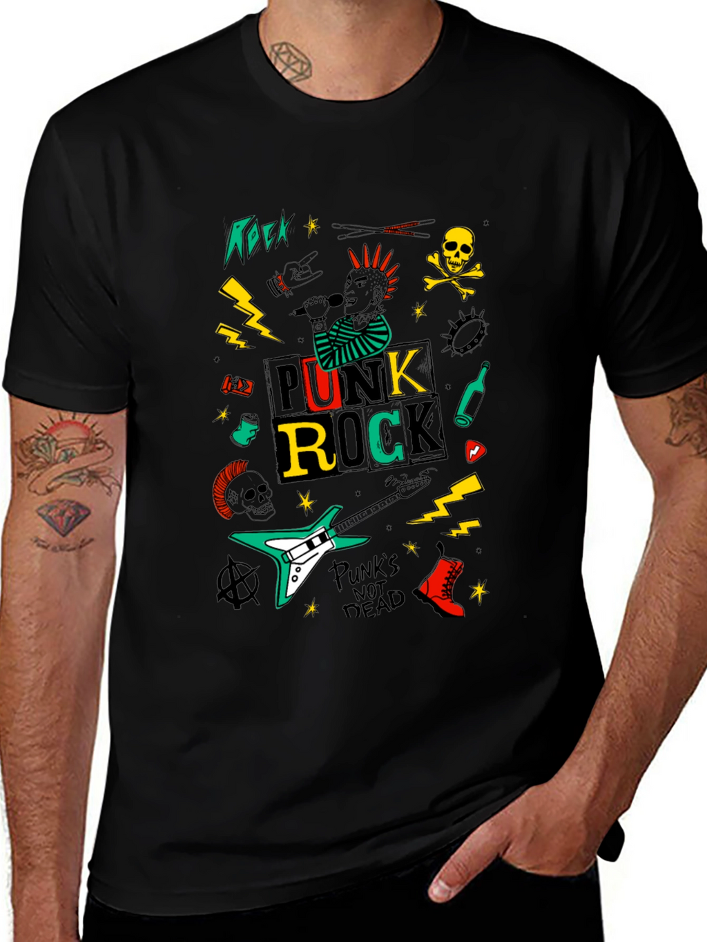 Punk Rock Graphic Tee - Black Cotton T-Shirt