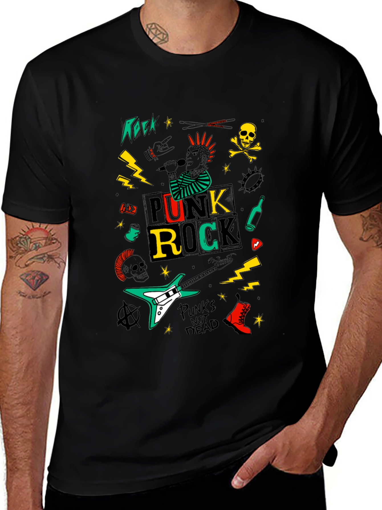 Punk Rock Graphic Tee - Black Cotton T-Shirt