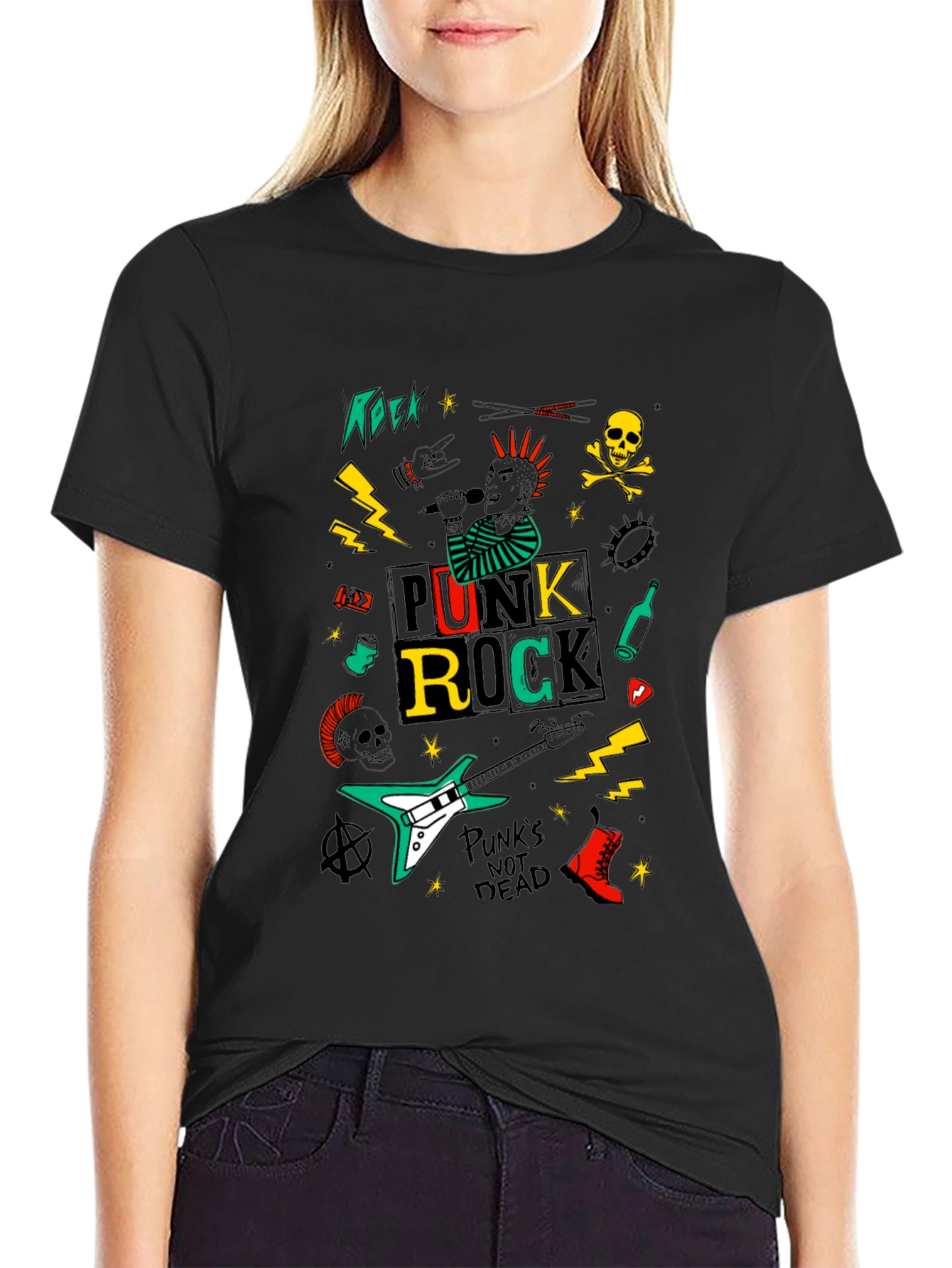 Punk Rock Graphic Tee - Black Cotton T-Shirt