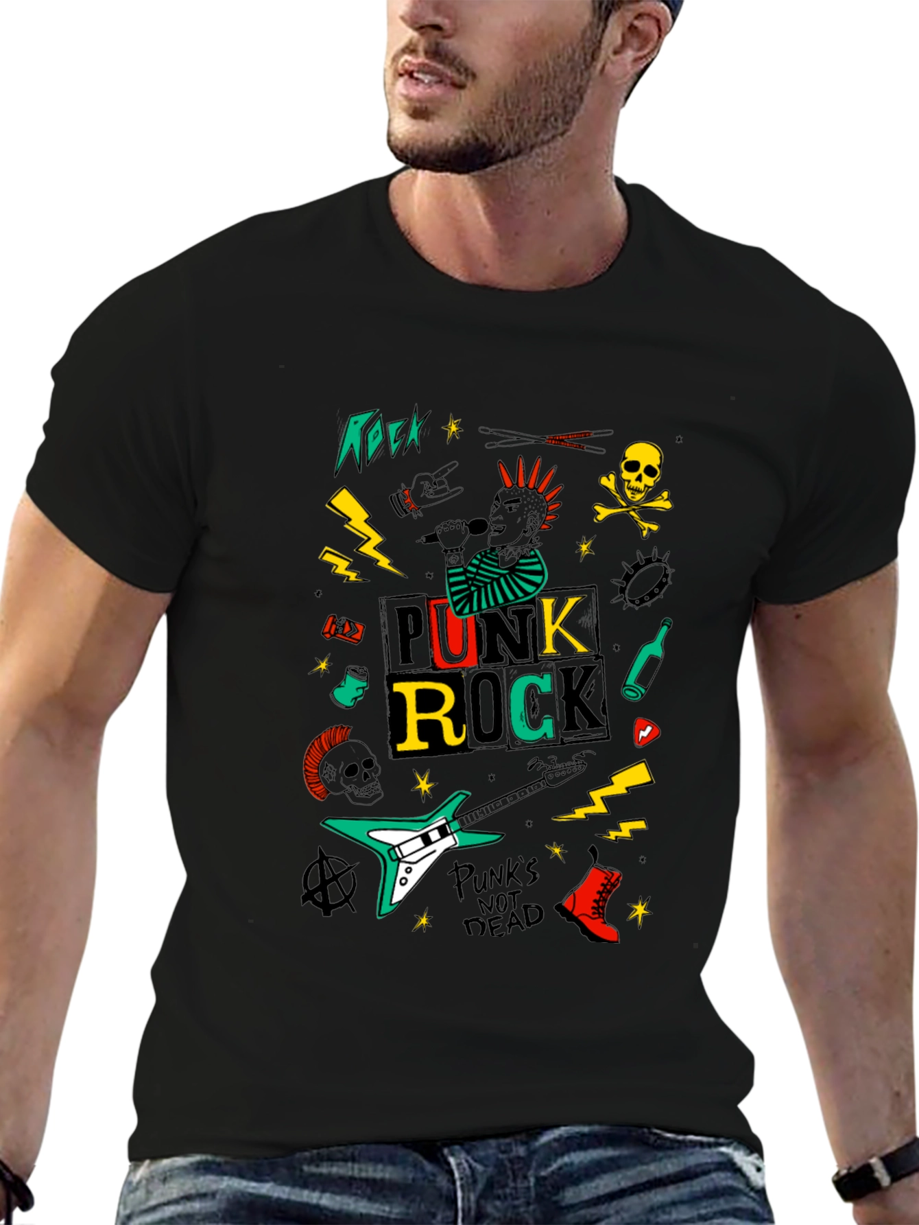 Punk Rock Graphic Tee - Black Cotton T-Shirt