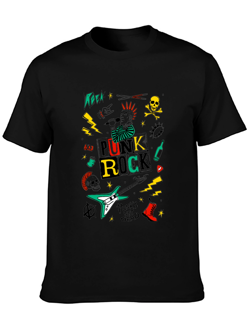 Punk Rock Graphic Tee - Black Cotton T-Shirt