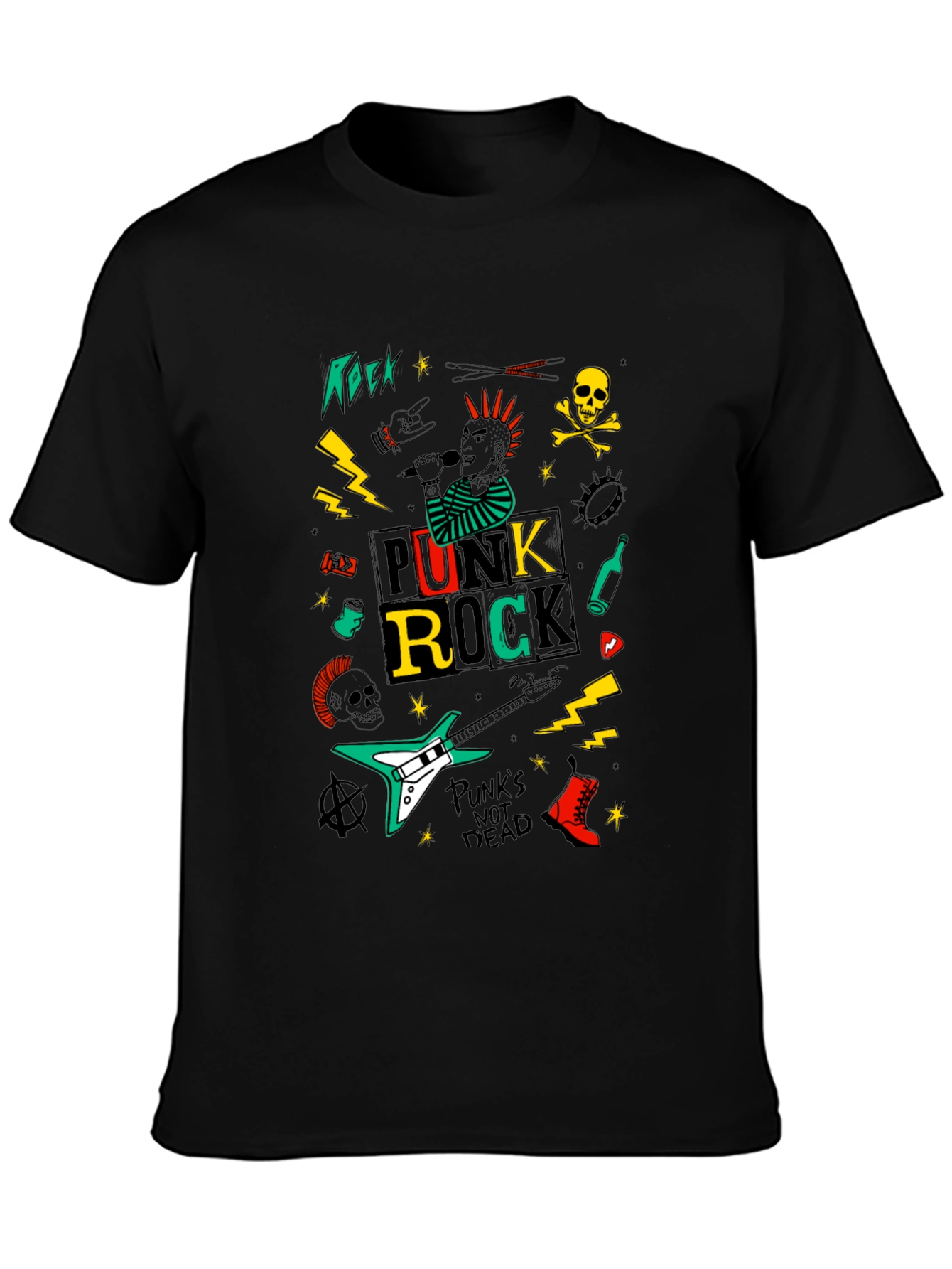 Punk Rock Graphic Tee - Black Cotton T-Shirt