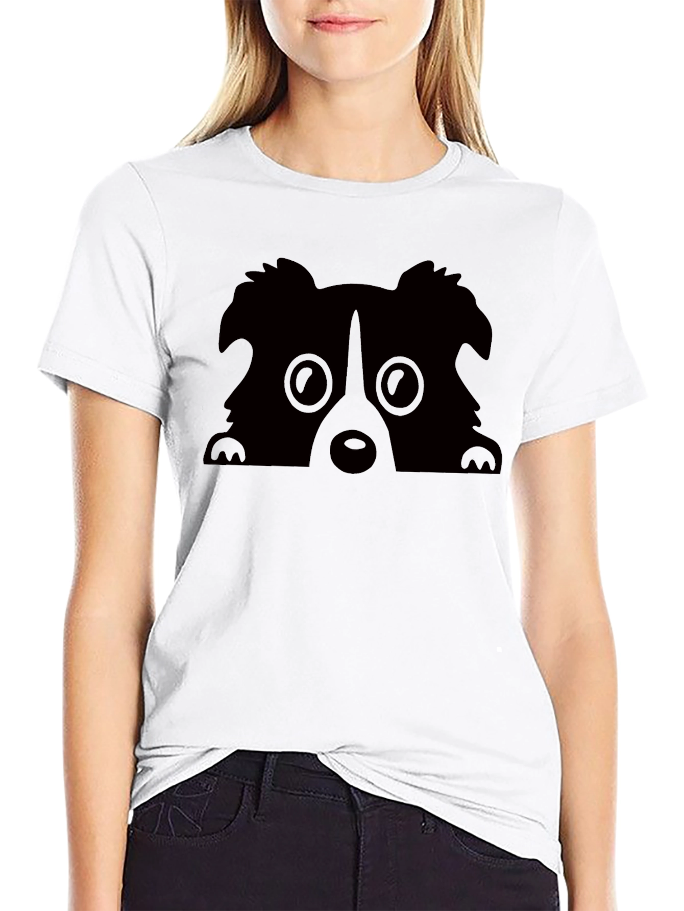 Cute Dog Peekaboo Graphic Tee - Black