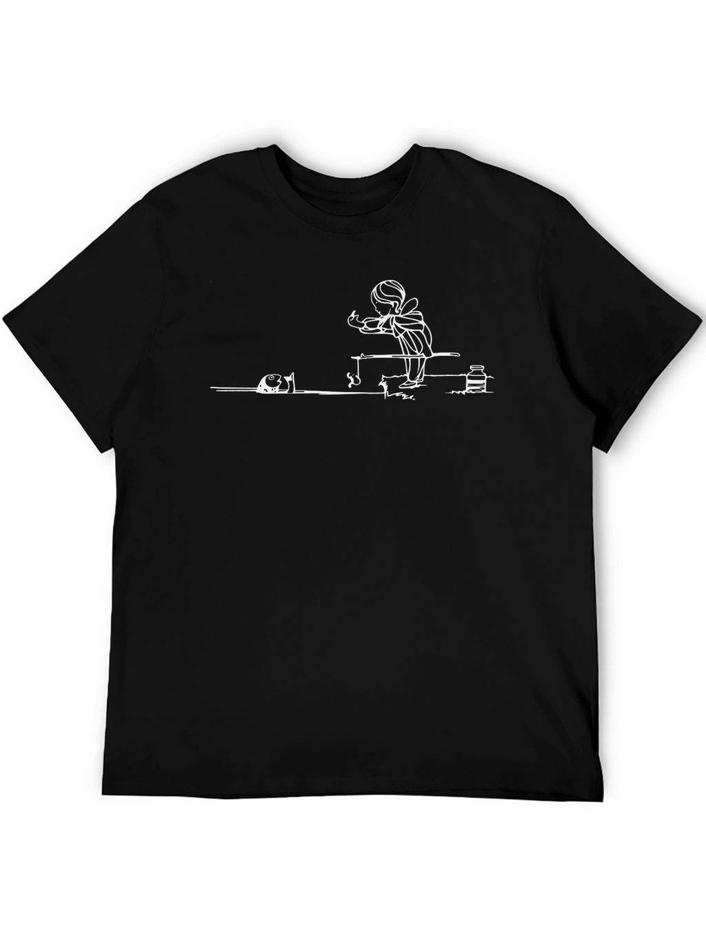 Black T-Shirt with Fishing Scene Design