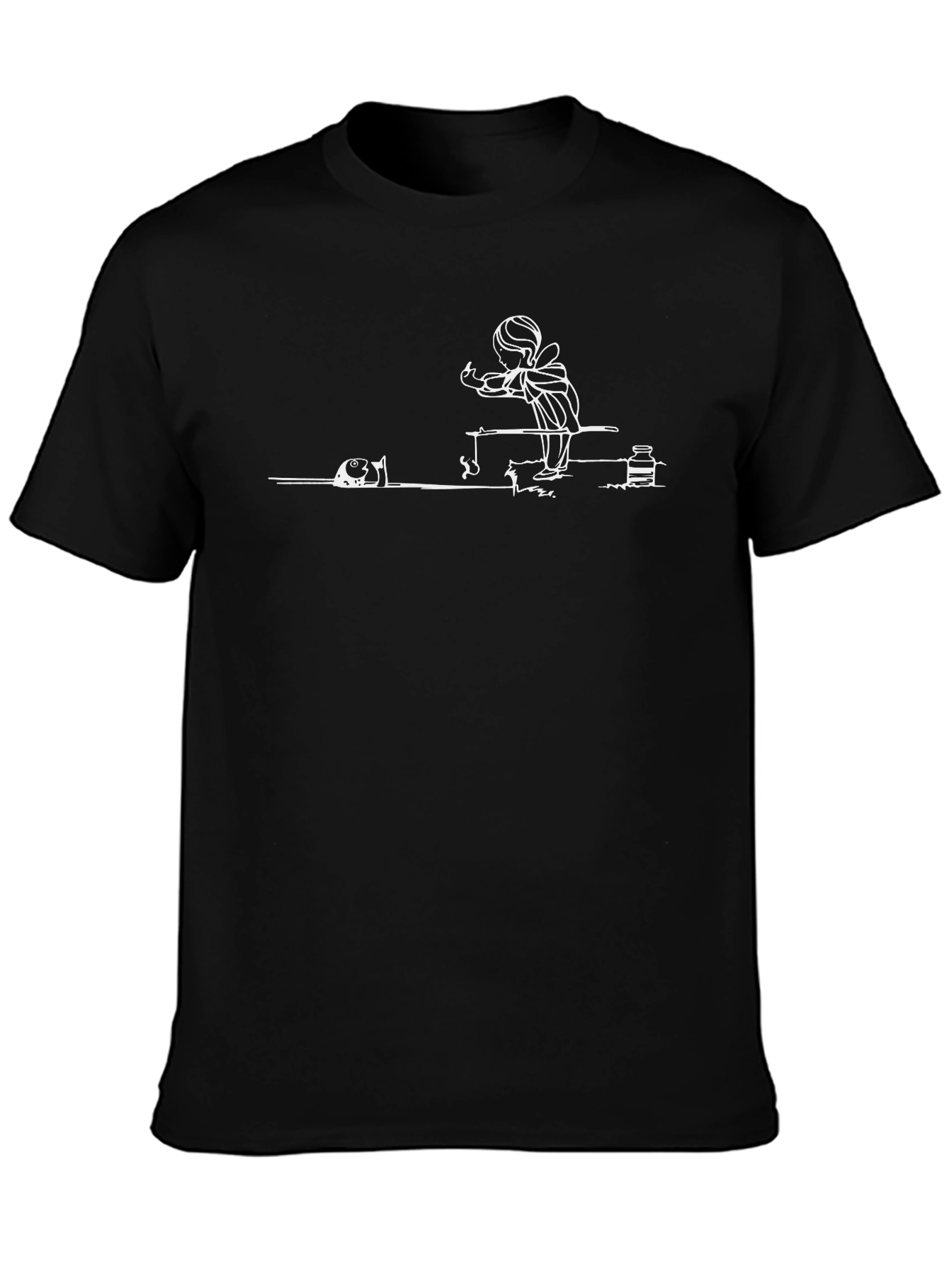 Black T-Shirt with Fishing Scene Design