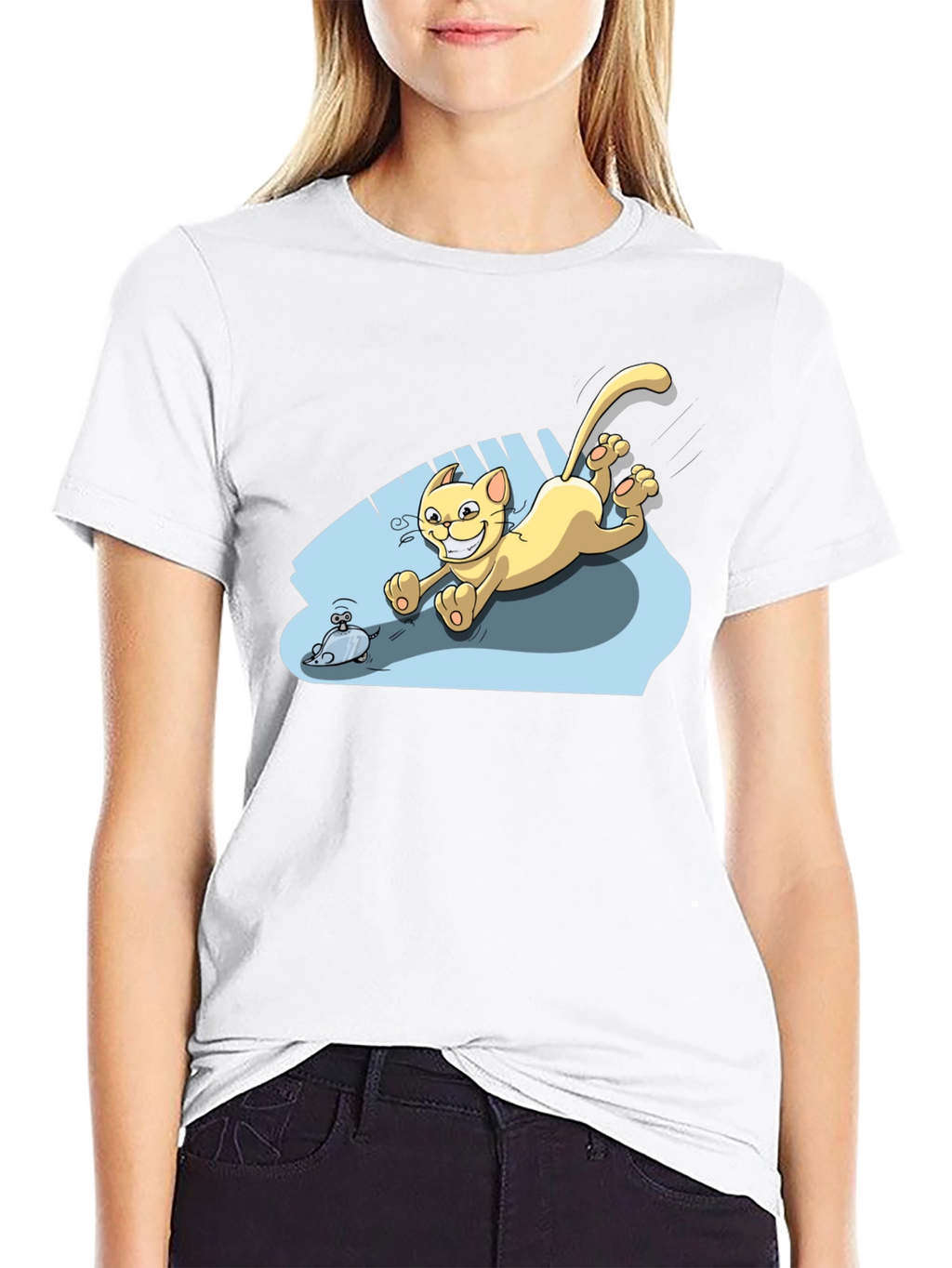 Cartoon Cat Chasing Mouse Black T-Shirt
