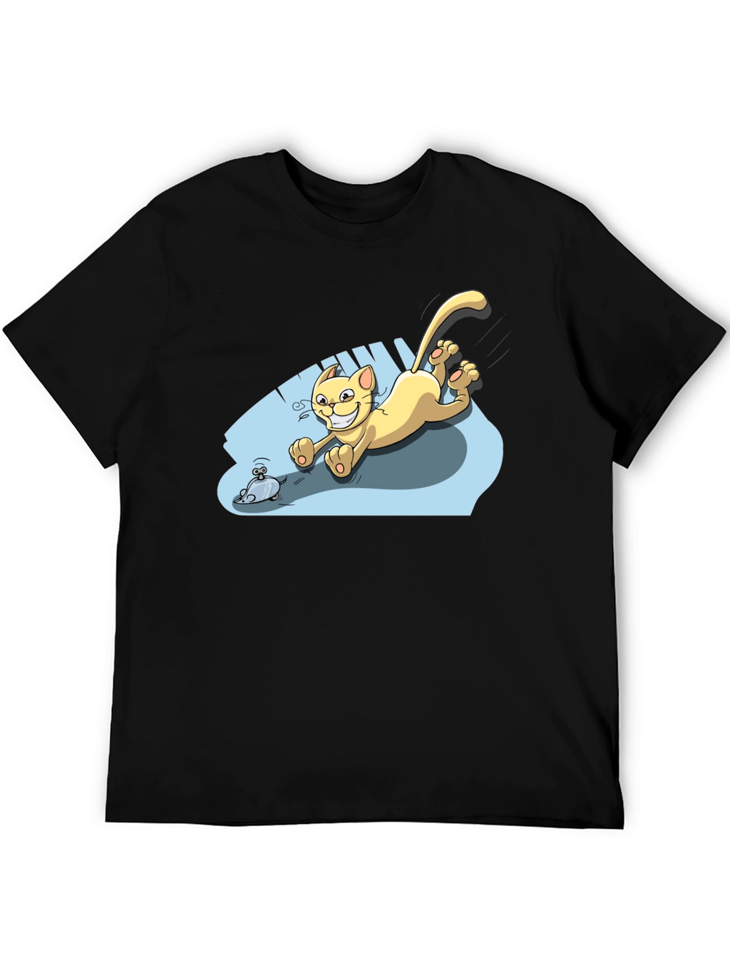 Cartoon Cat Chasing Mouse Black T-Shirt