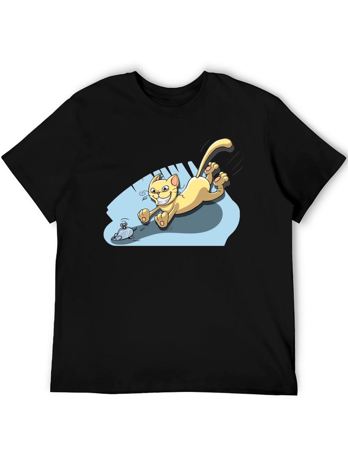 Cartoon Cat Chasing Mouse Black T-Shirt