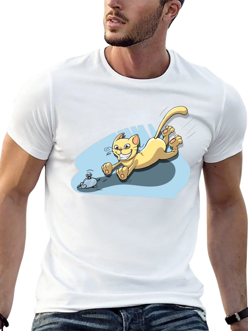 Cartoon Cat Chasing Mouse Black T-Shirt