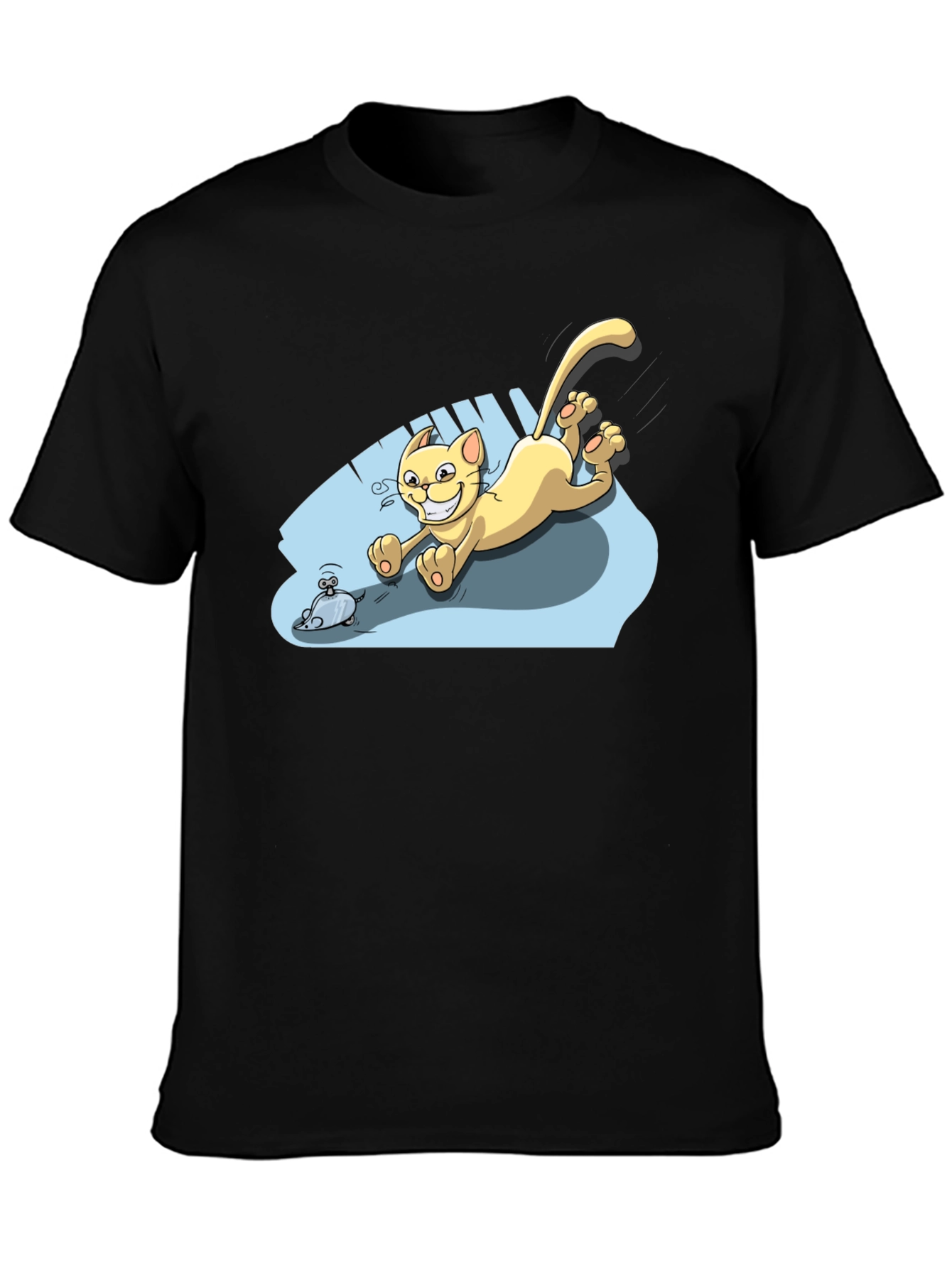 Cartoon Cat Chasing Mouse Black T-Shirt