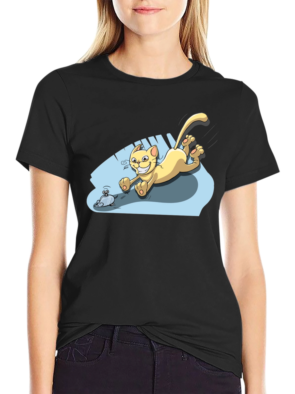 Cartoon Cat Chasing Mouse Black T-Shirt