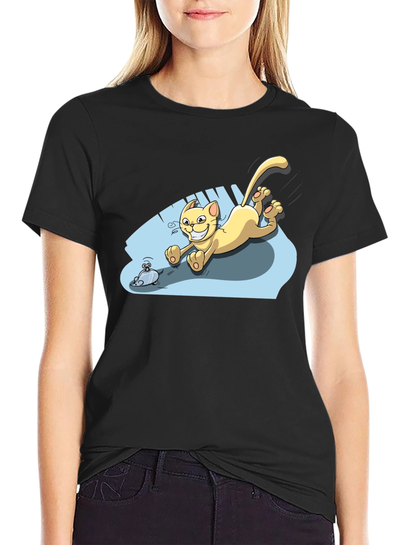 Cartoon Cat Chasing Mouse Black T-Shirt