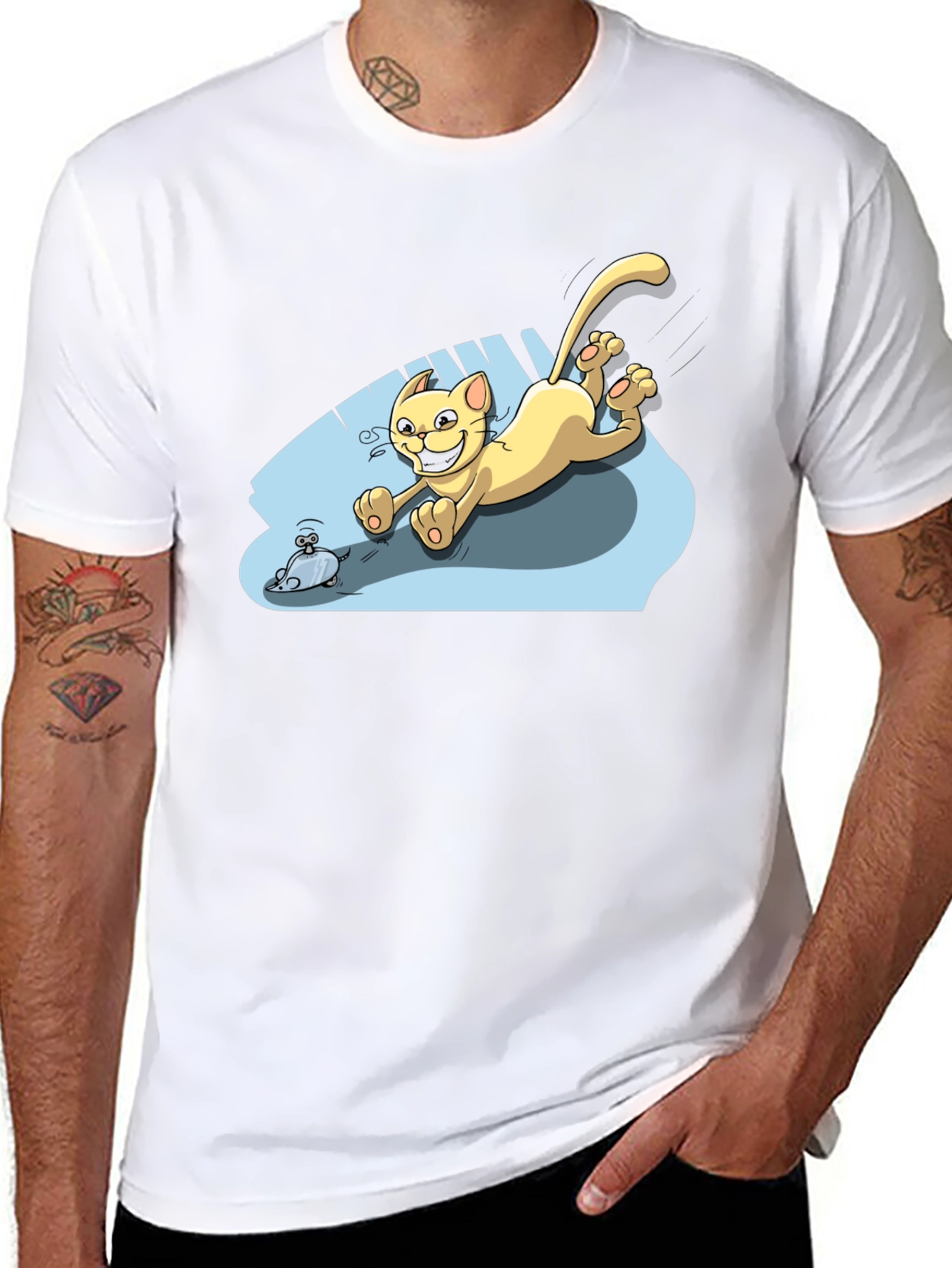 Cartoon Cat Chasing Mouse Black T-Shirt