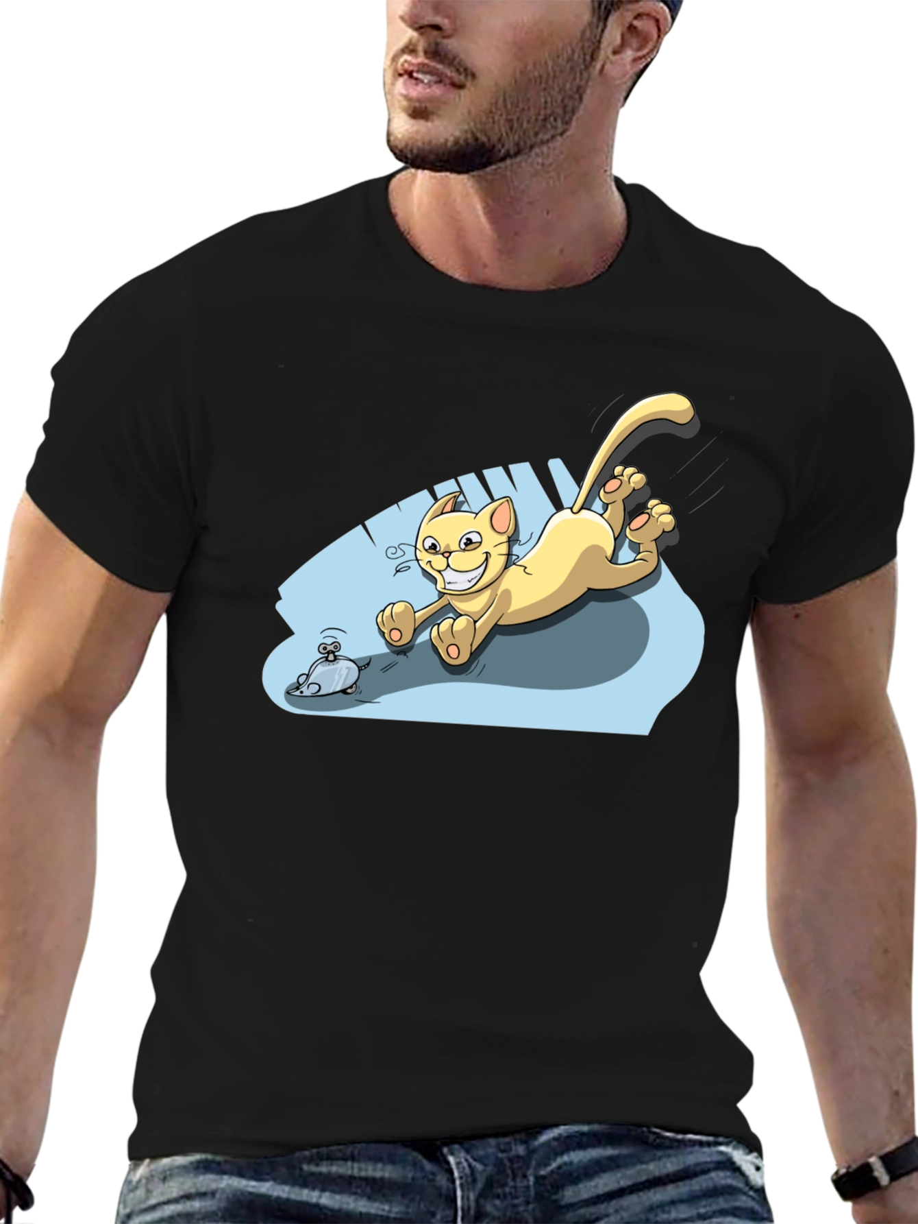 Cartoon Cat Chasing Mouse Black T-Shirt