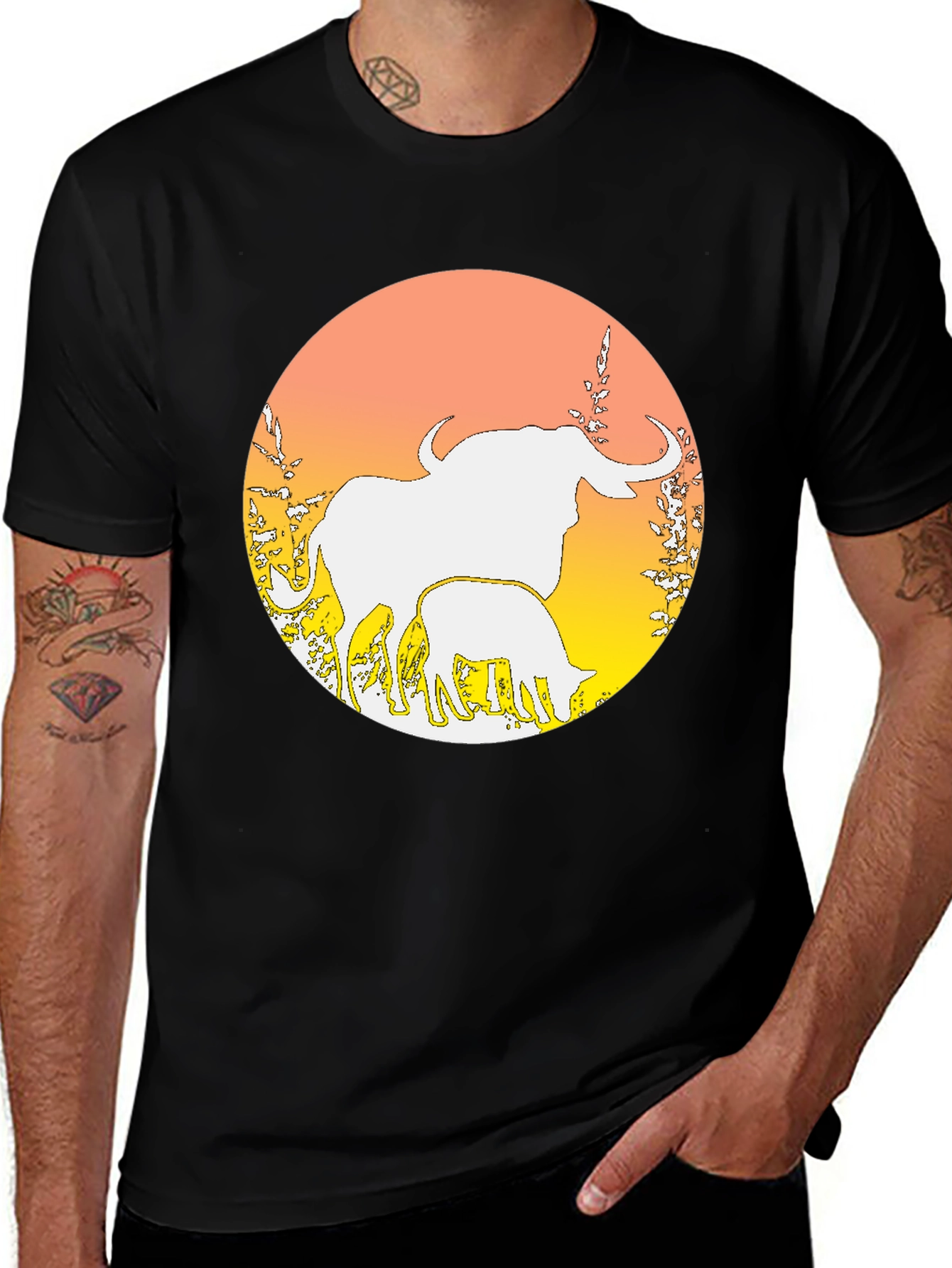 Elephant & Calf Graphic Tee - Black Cotton Blend
