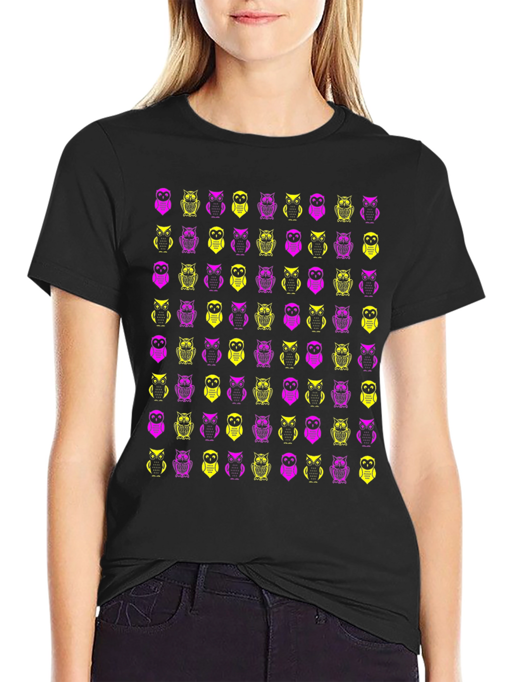 Owl Pattern Graphic Tee - Black Cotton T-Shirt