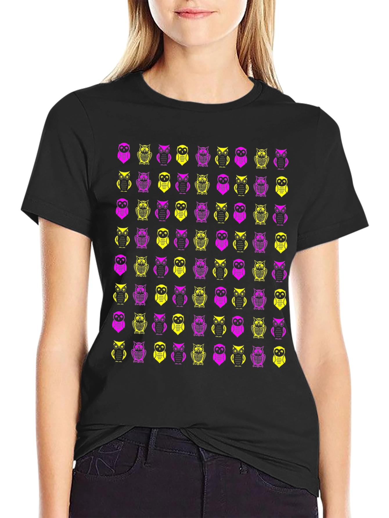 Owl Pattern Graphic Tee - Black Cotton T-Shirt