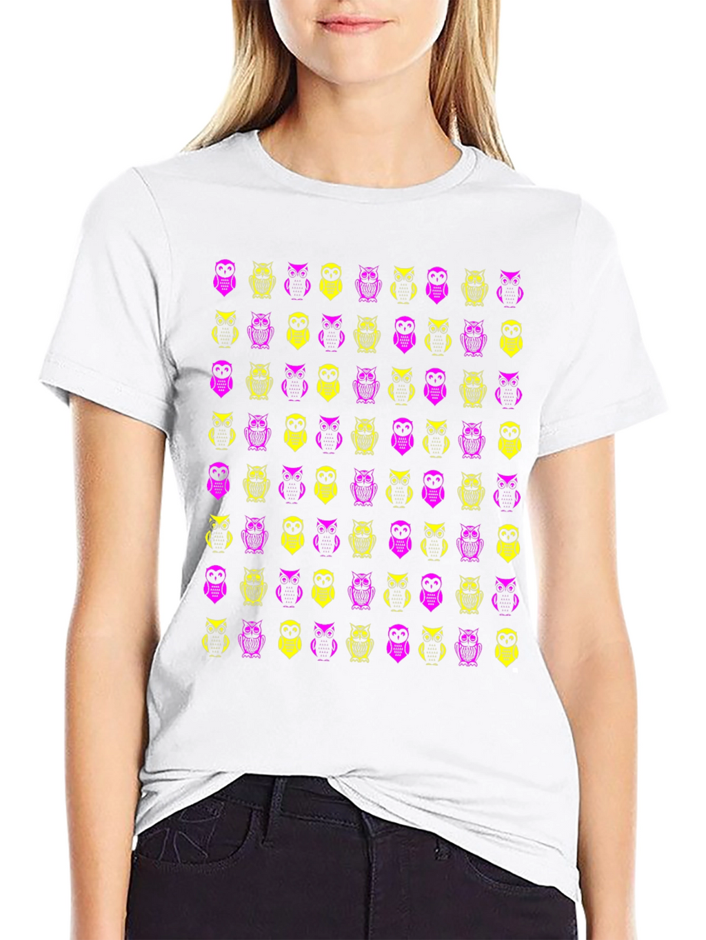 Owl Pattern Graphic Tee - Black Cotton T-Shirt