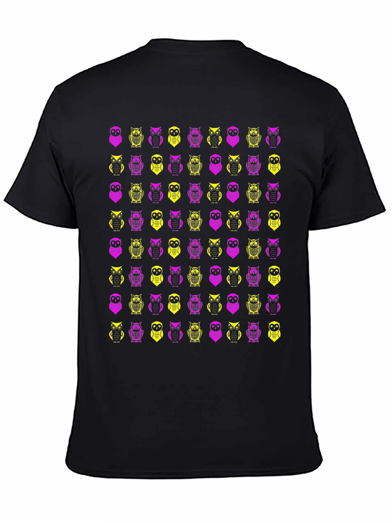 Owl Pattern Graphic Tee - Black Cotton T-Shirt