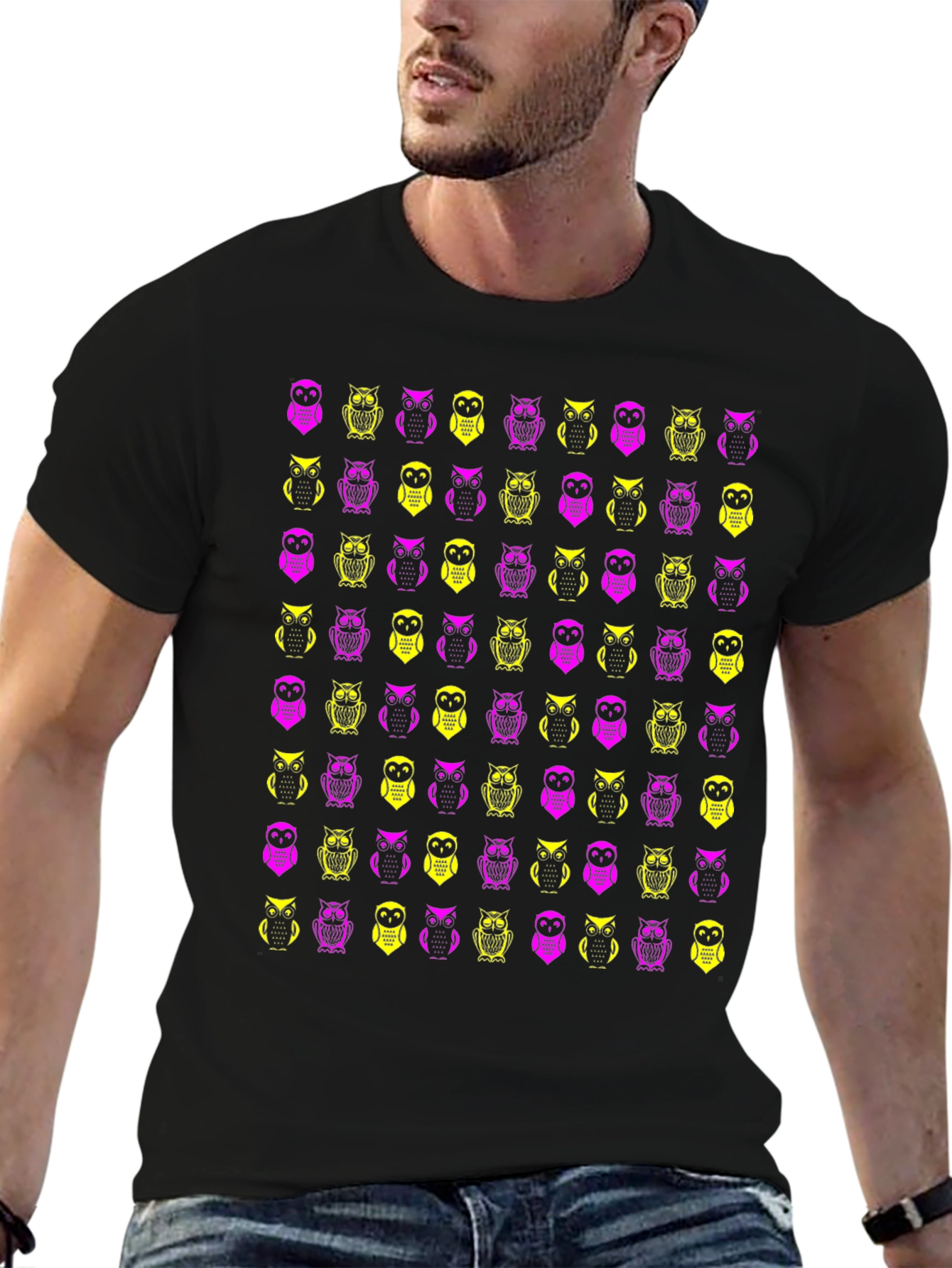 Owl Pattern Graphic Tee - Black Cotton T-Shirt