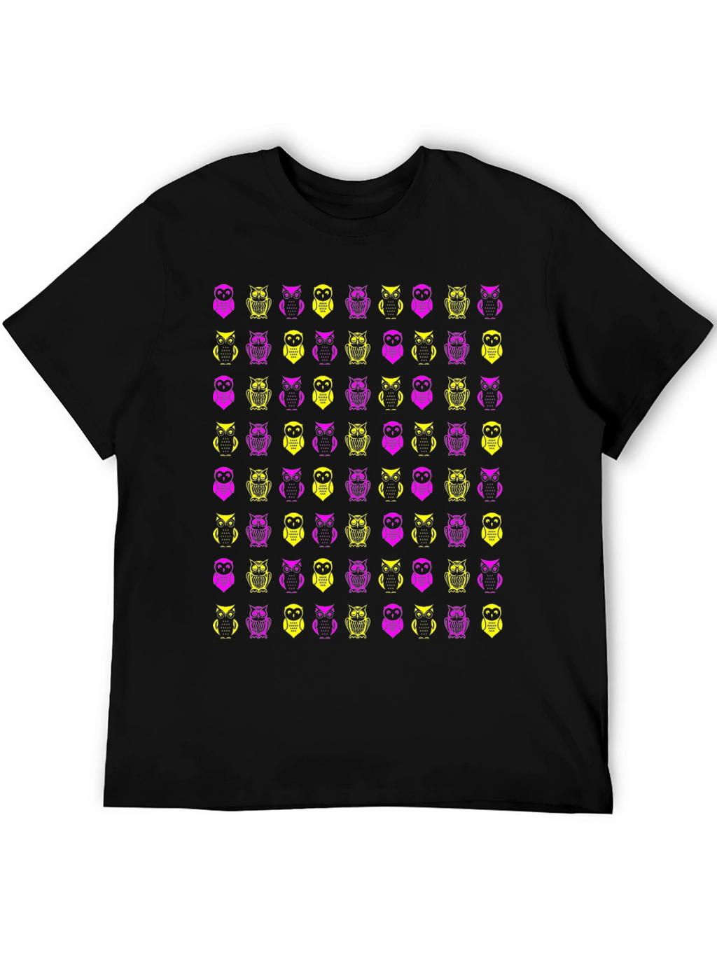 Owl Pattern Graphic Tee - Black Cotton T-Shirt