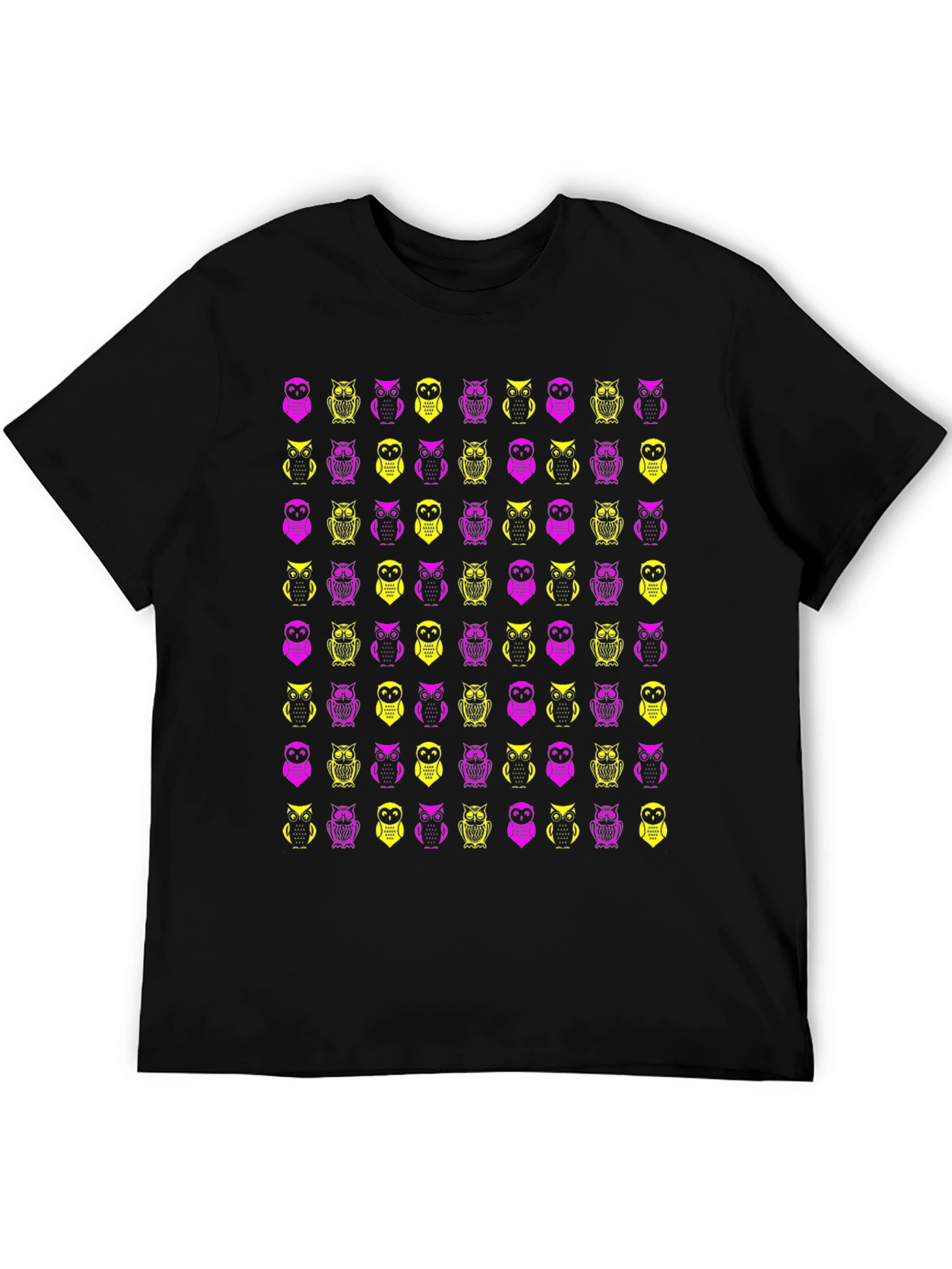 Owl Pattern Graphic Tee - Black Cotton T-Shirt